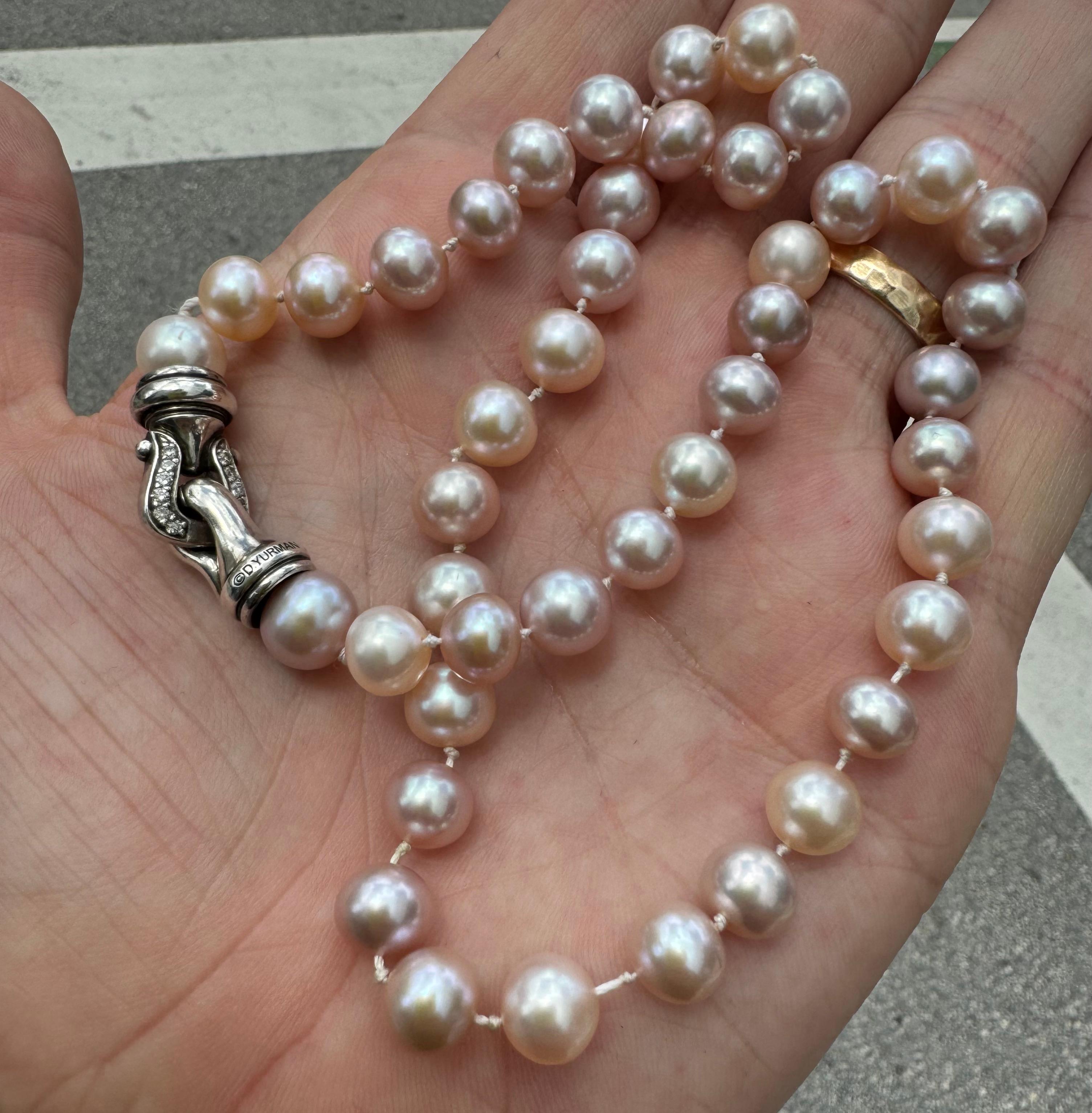 Women's or Men's David Yurman Pearl Strand Necklace With Natural Diamonds & Hook Buckle Clasp 18