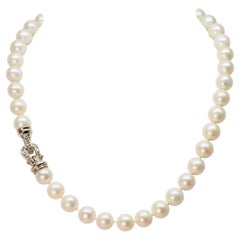 David Yurman Pearl Strand Necklace With Natural Diamonds & Hook Buckle Clasp 18"