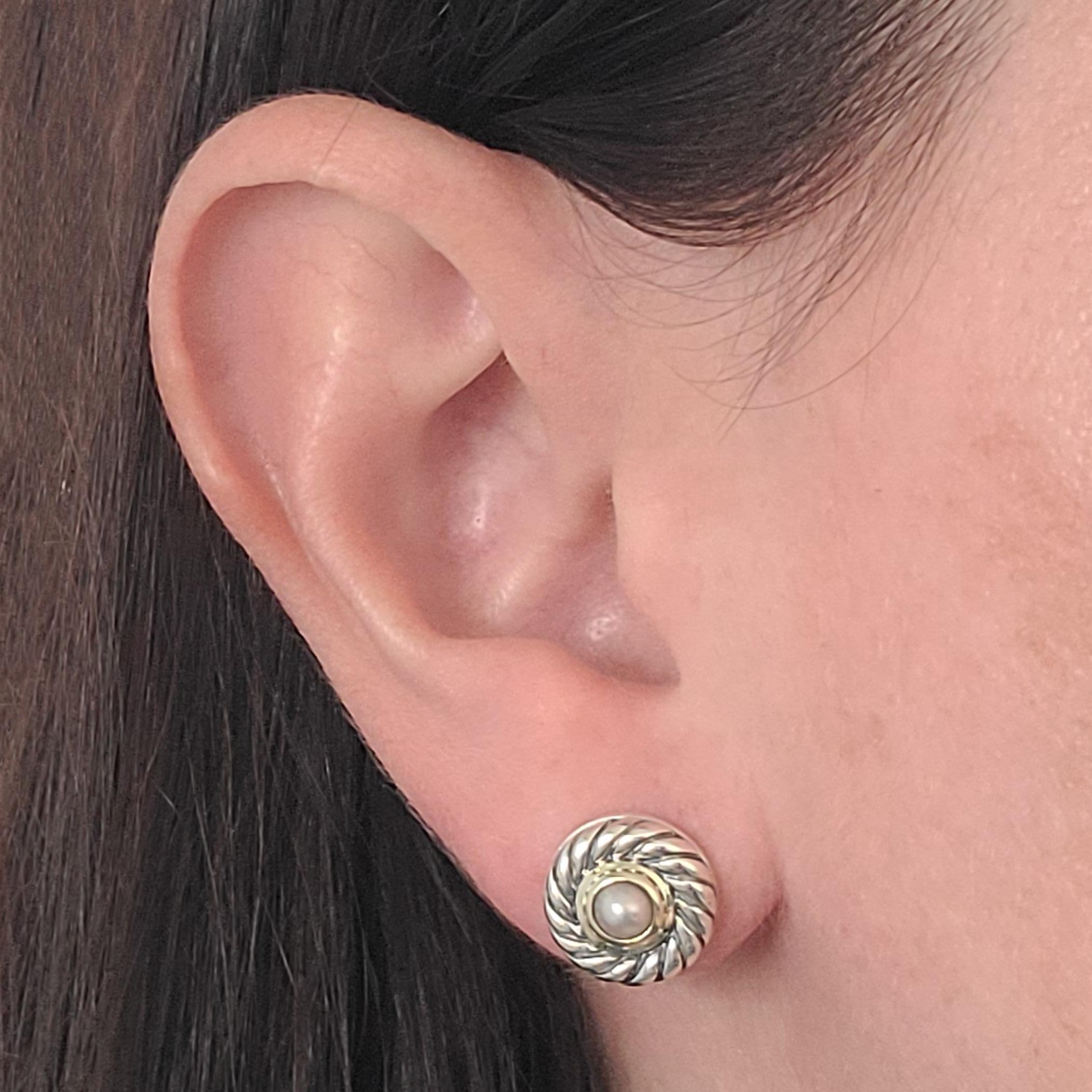Pre-Owned David Yurman Sterling Silver and 14 Karat Yellow Gold Button Earrings With Pearl Centers. Friction Post With Push Back. Original MSRP $450.00
