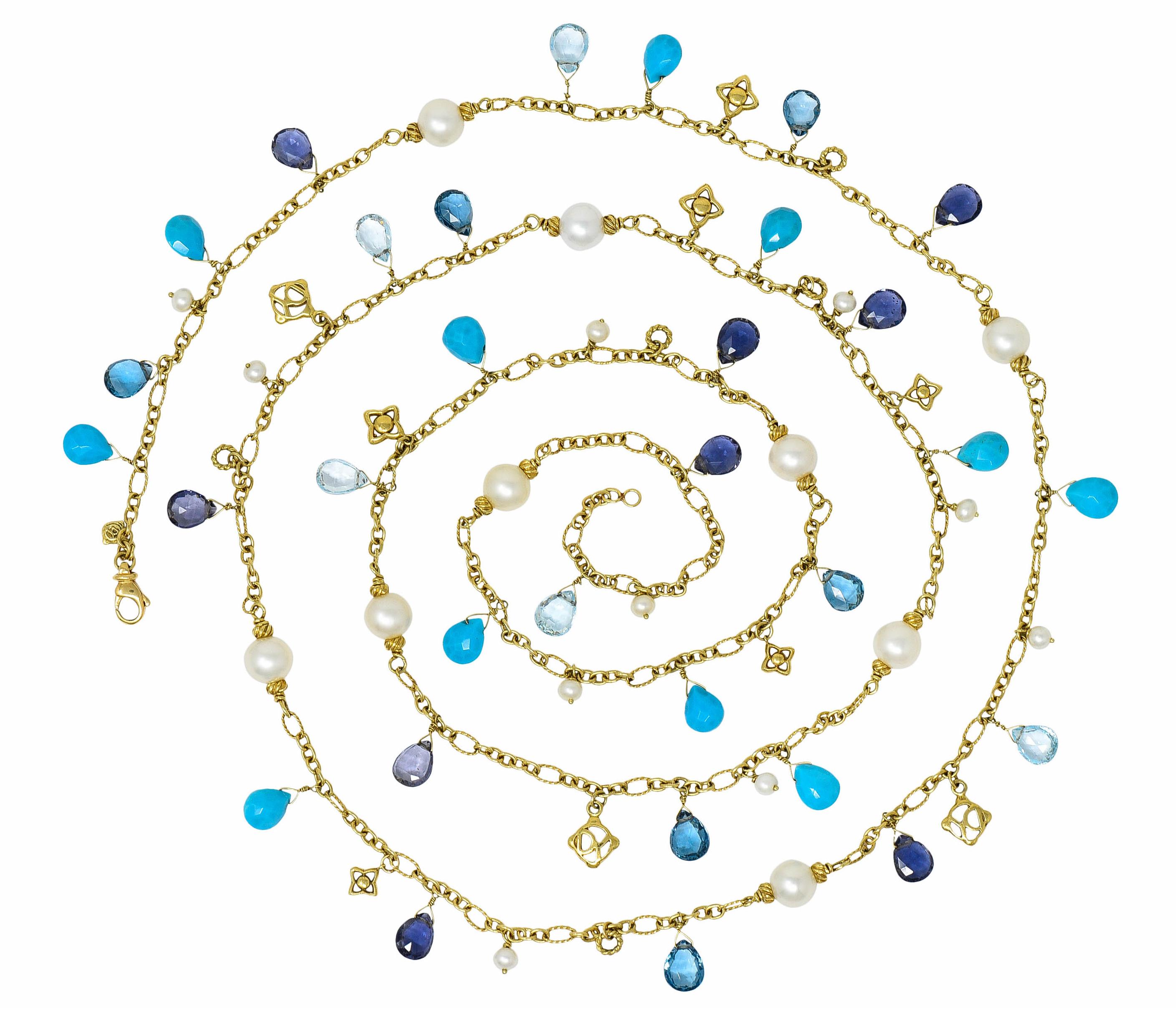 Necklace is comprised of stylized twisted cable links alternating with smoothly polished links

With round pearl stations measuring from 8.3 to 8.7 mm - white in body color with very good luster

Featuring briolette cut drops of iolite, turquoise,
