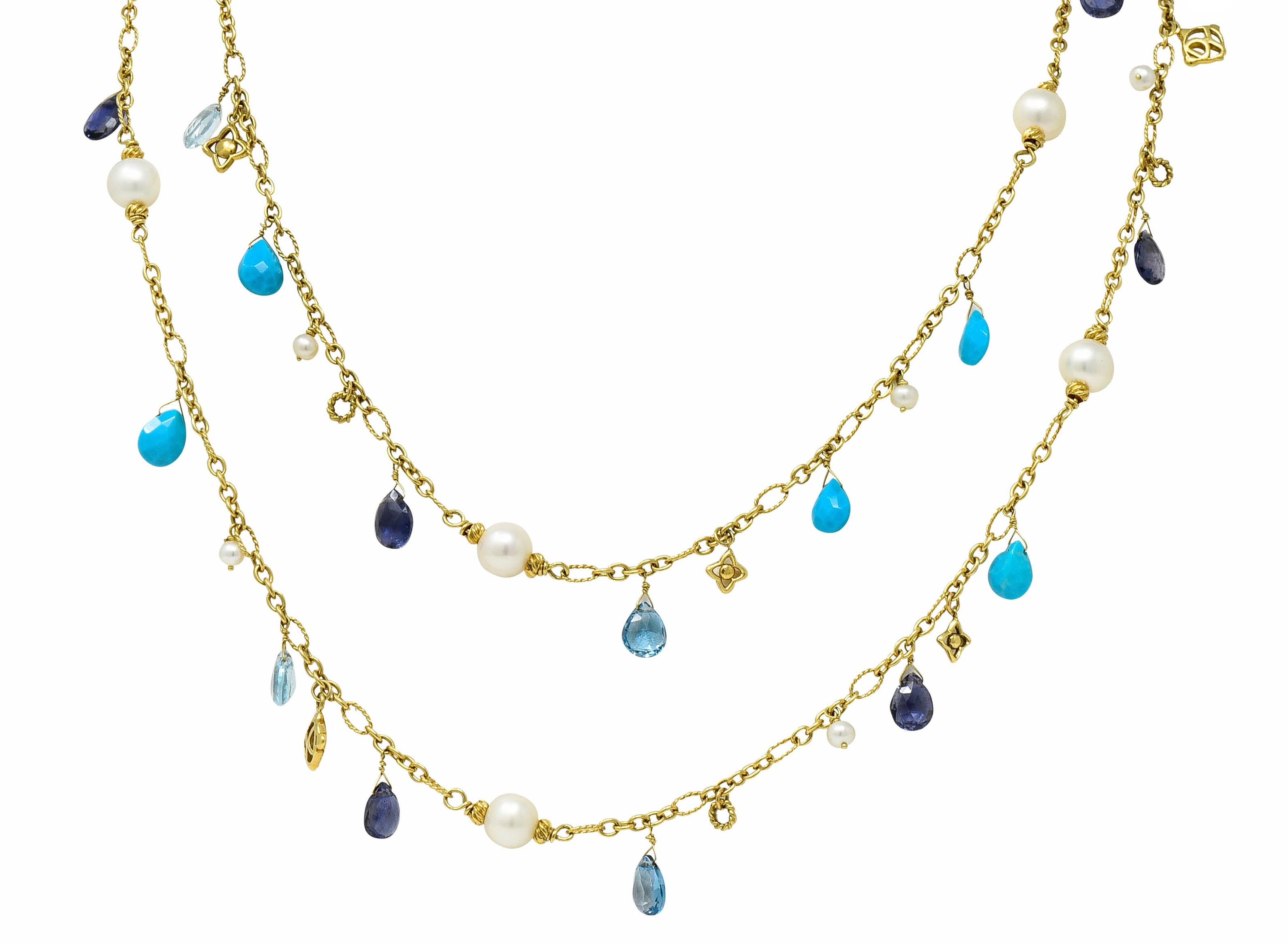 David Yurman Perle Türkis Iolith Topas 18 Karat Gold Briola Station Halskette für Damen oder Herren