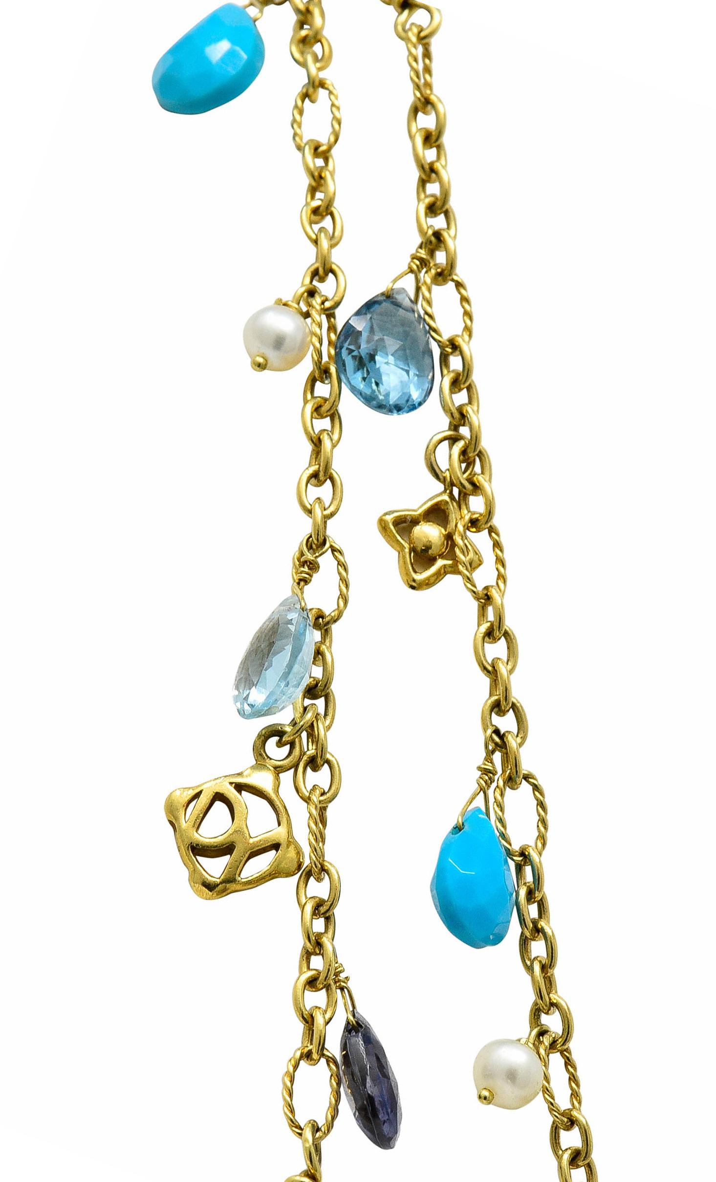 Women's or Men's David Yurman Pearl Turquoise Iolite Topaz 18 Karat Gold Briola Station Necklace