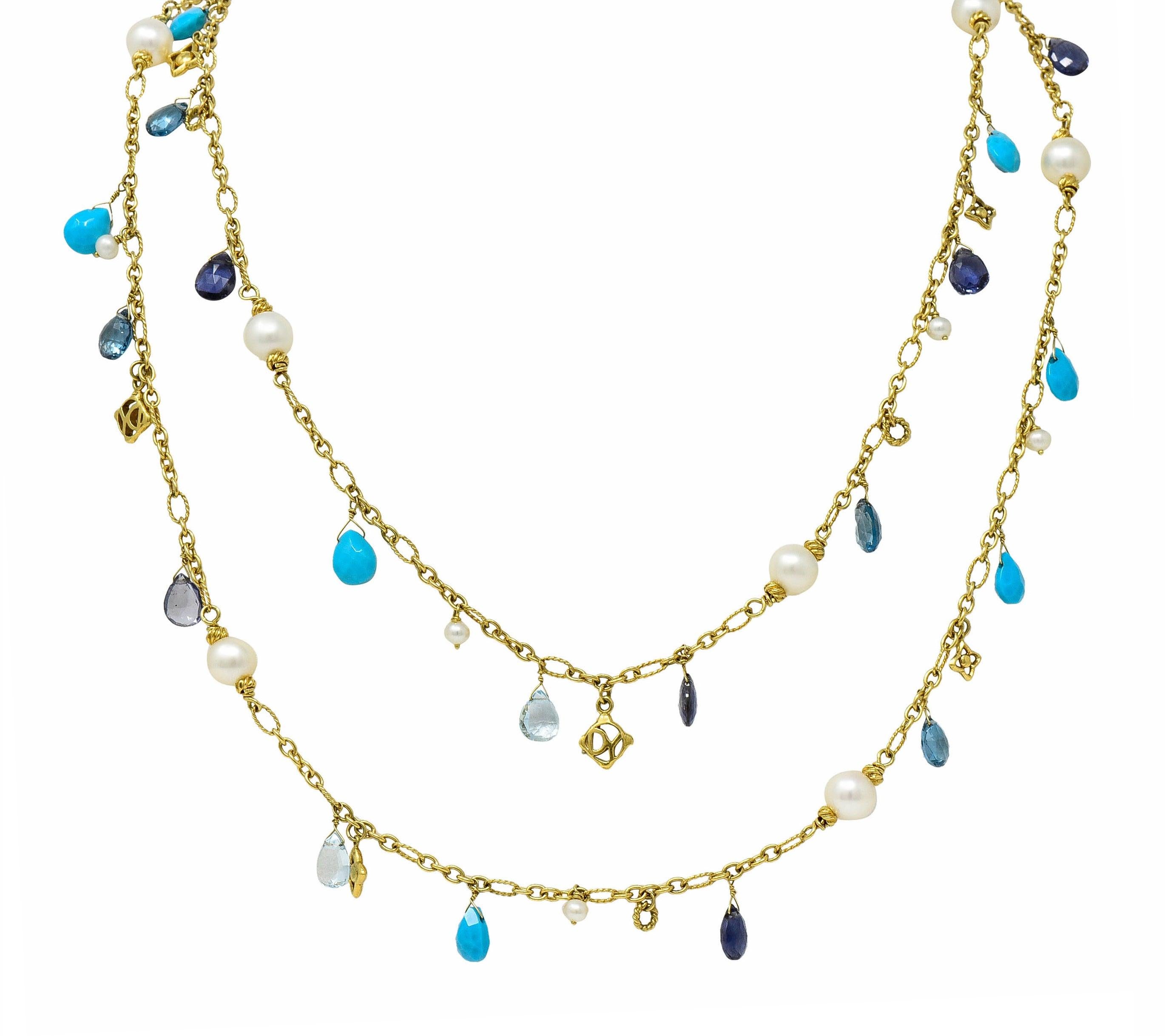 David Yurman Pearl Turquoise Iolite Topaz 18 Karat Gold Briola Station Necklace