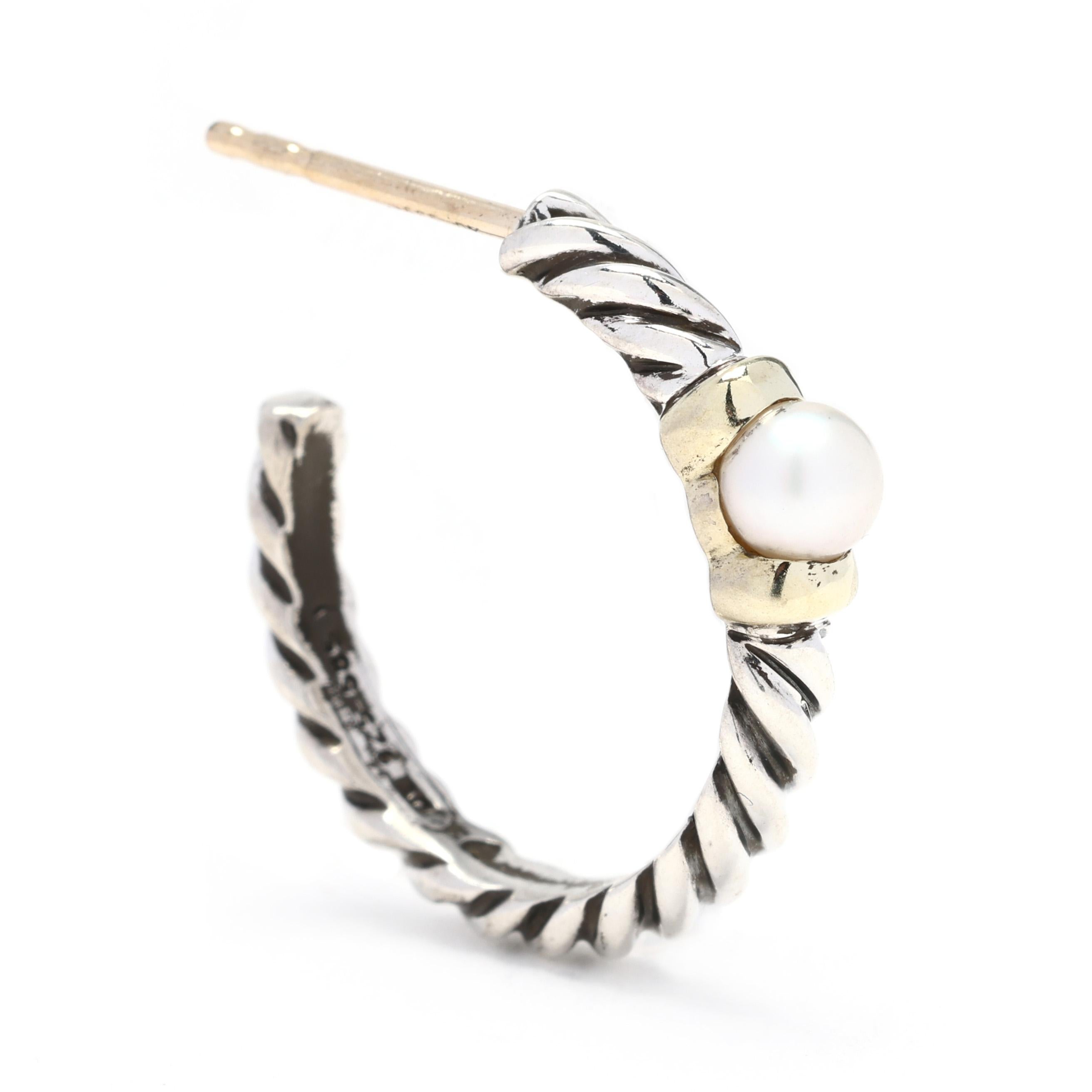 These David Yurman twisted hoops are a timeless addition to your jewelry collection. Made from 14k yellow gold and sterling silver, these hoops feature a beautiful pearl accent that adds a touch of elegance to any outfit. The twisted design adds a