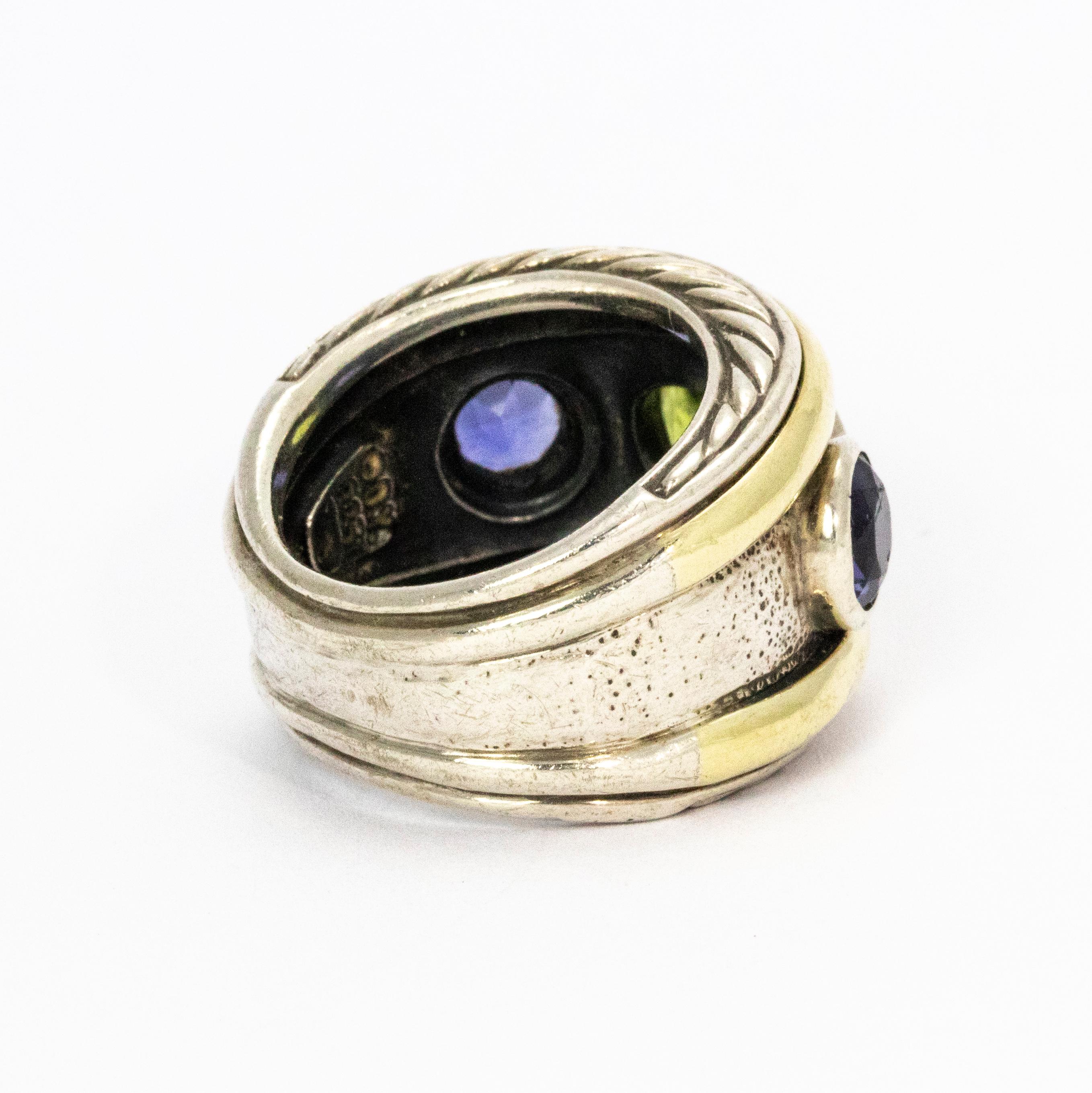 Modern David Yurman Peridot Amethyst Silver and 14 Karat Yellow Gold Ring