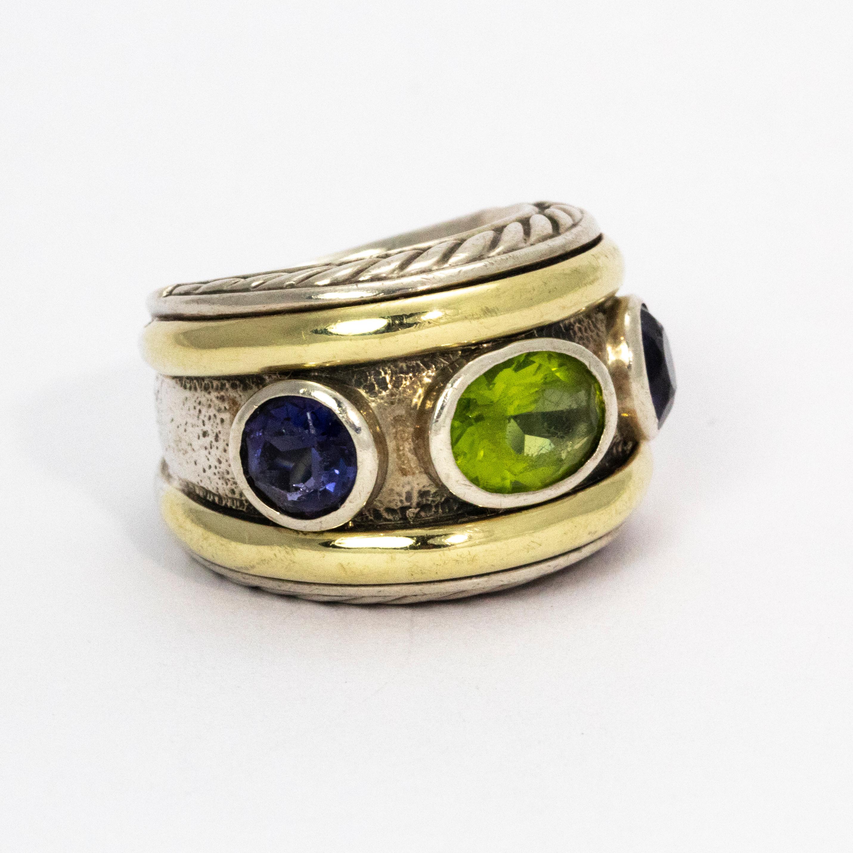 David Yurman Peridot Amethyst Silver and 14 Karat Yellow Gold Ring In Good Condition In Chipping Campden, GB