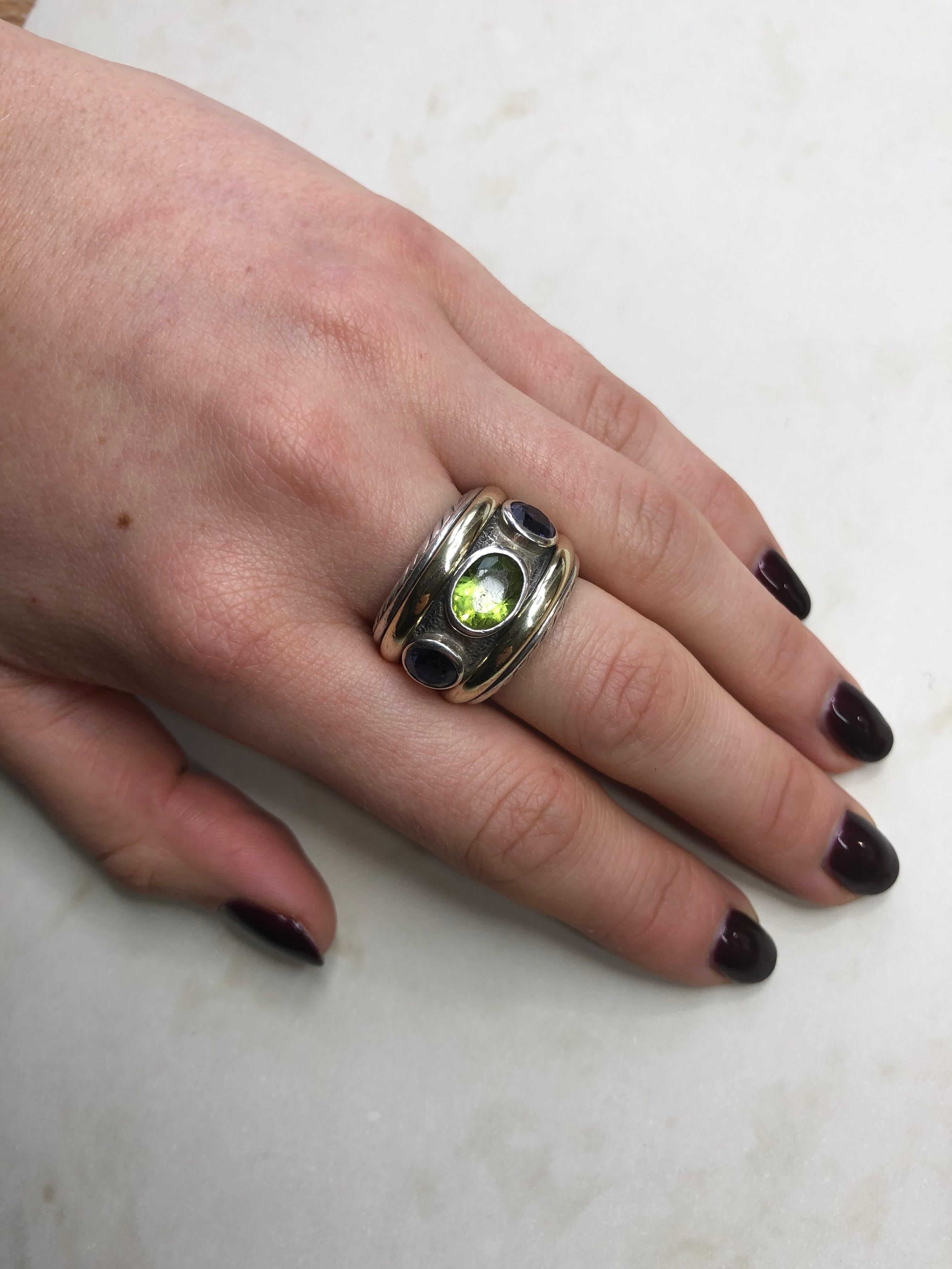 Women's David Yurman Peridot Amethyst Silver and 14 Karat Yellow Gold Ring
