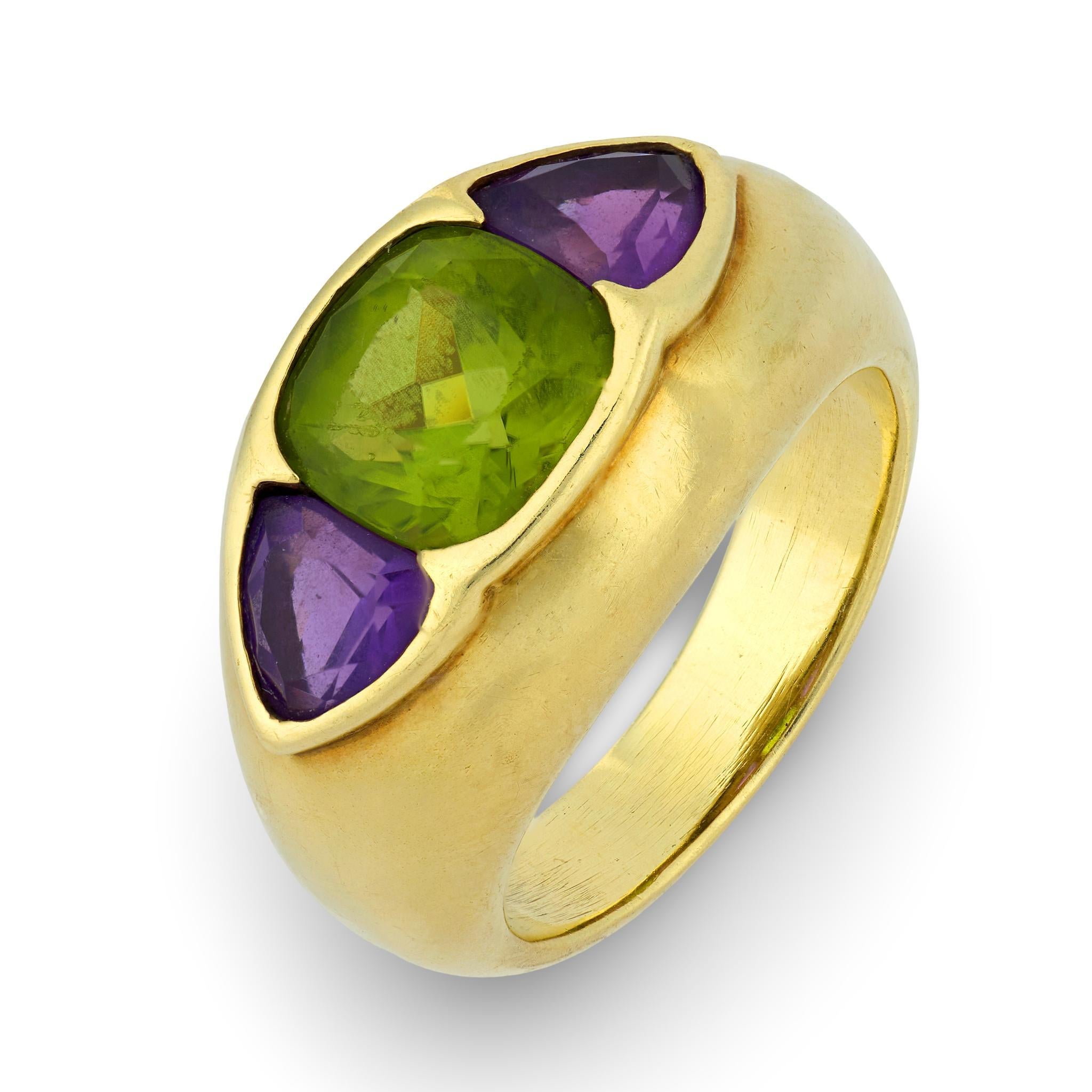 David Yurman peridot amethyst 14k yellow gold three stone ring For Sale