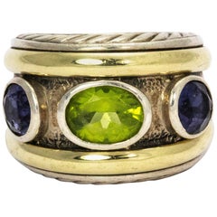 David Yurman Peridot Amethyst Silver and 14 Karat Yellow Gold Ring