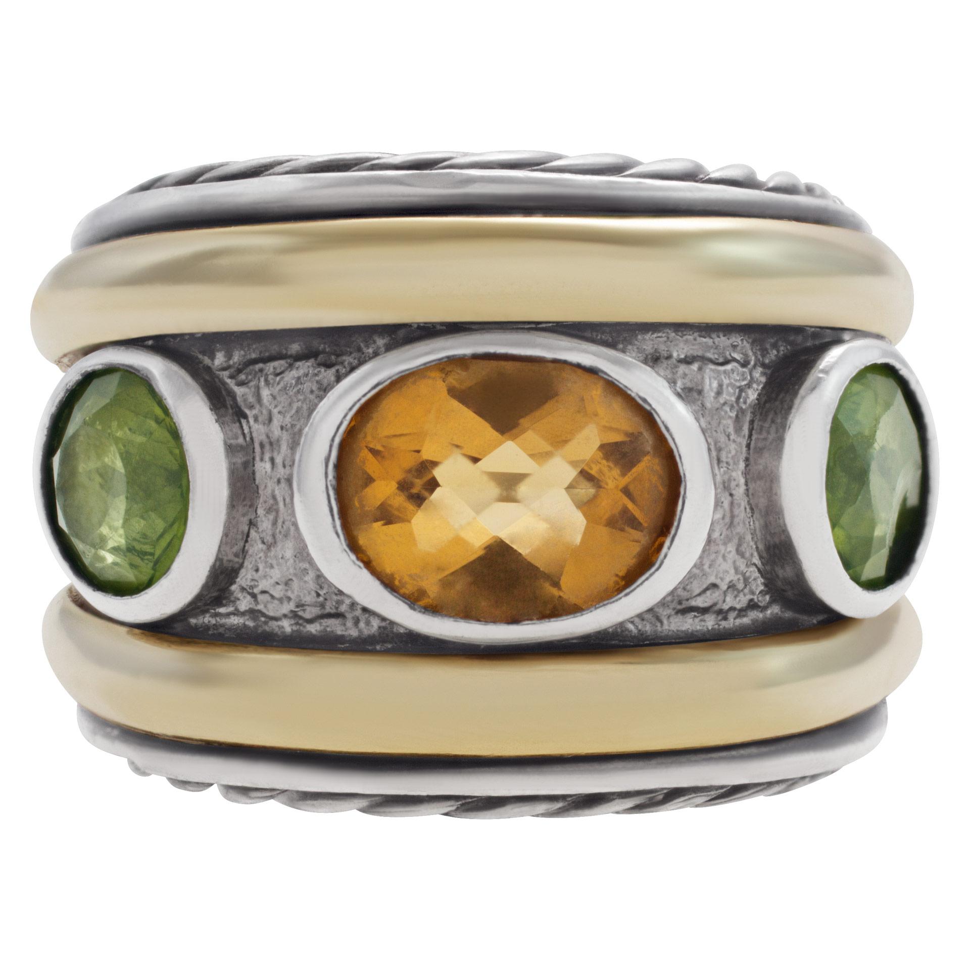 David Yurman Renaissance ring in 14k gold and sterling silver with faceted peridot and citrine. Width at head: 17mm, width at shank: 8.8mm. Size 6.

This David Yurman ring is currently size 6 and some items can be sized up or down, please ask! It