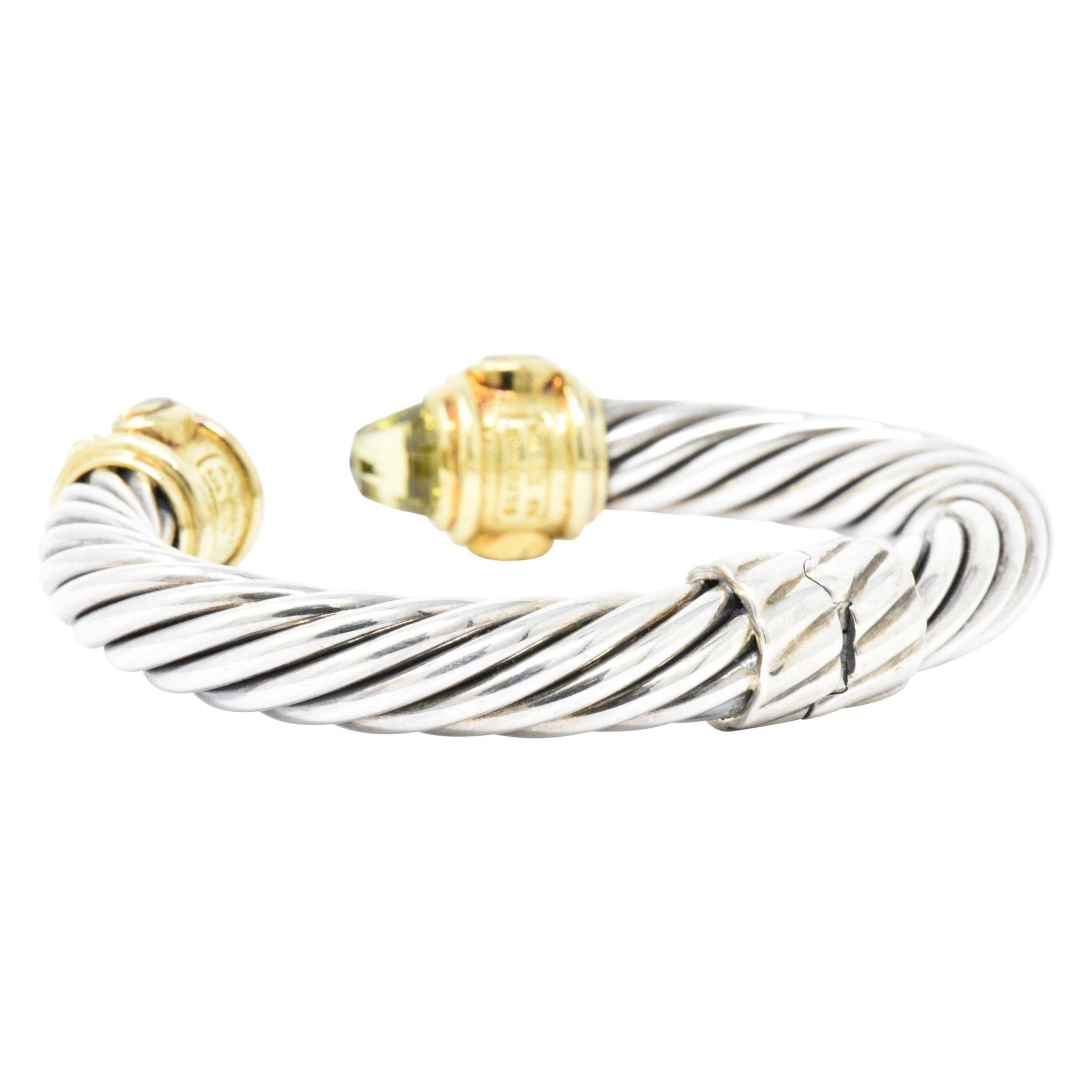 David Yurman Peridot Citrine Quartz Silver 18 Karat Yellow Gold Cable Bracelet 3