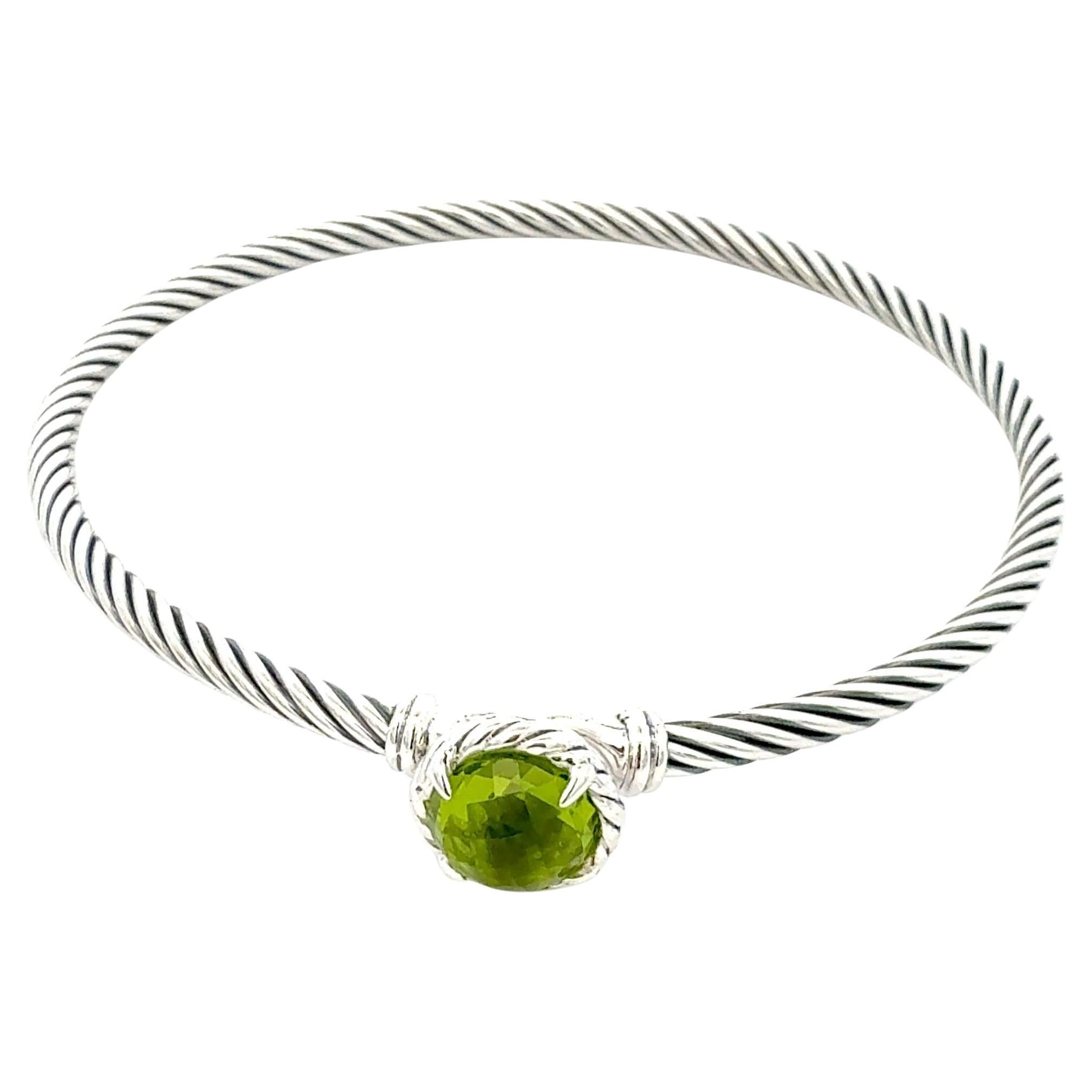 David Yurman Peridot Cuff Bangle 7.5" Sterling Silver 3mm Estate For Sale