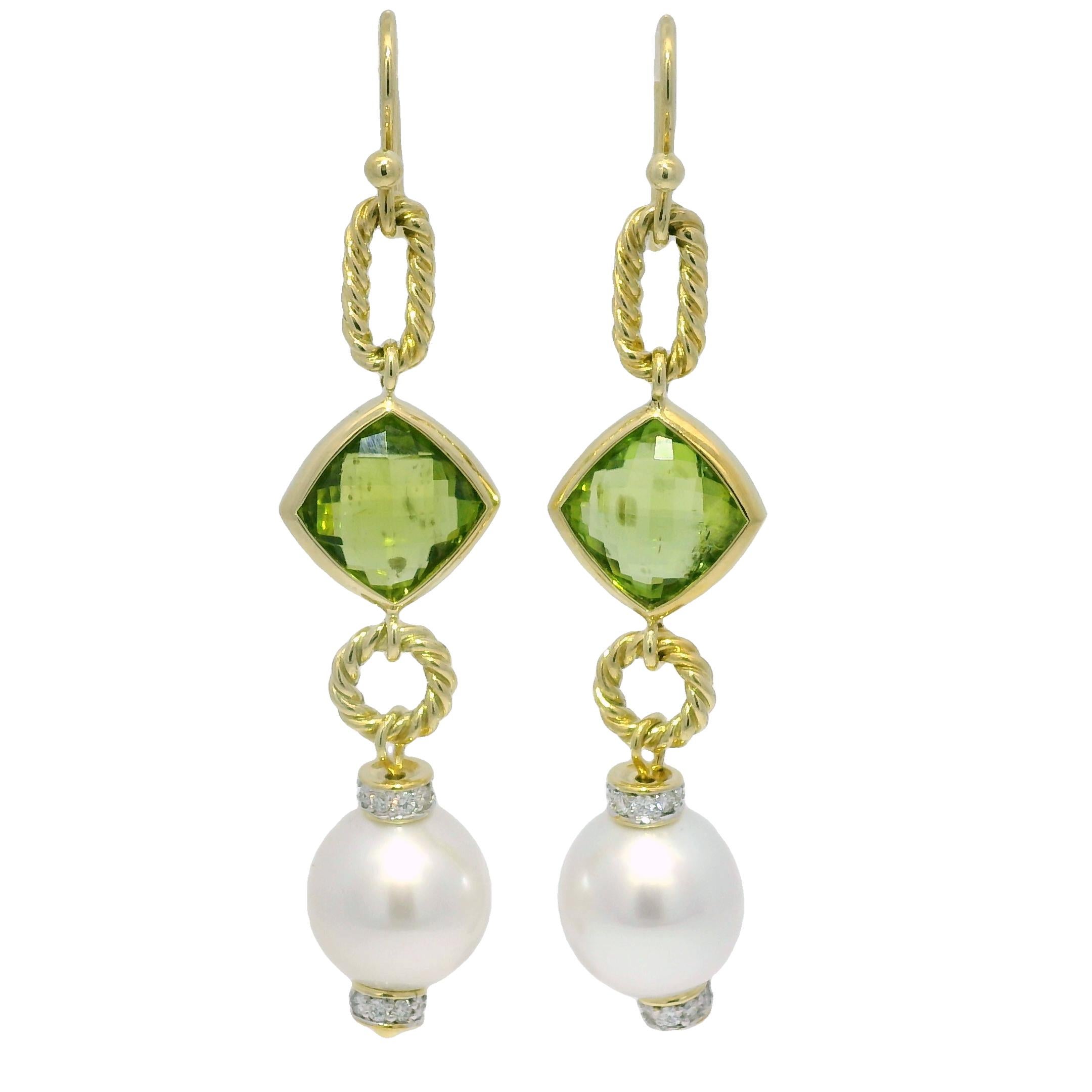 Modern David Yurman Peridot, Pearl & Natural Diamond 18-Karat Drop Earrings In Stock For Sale