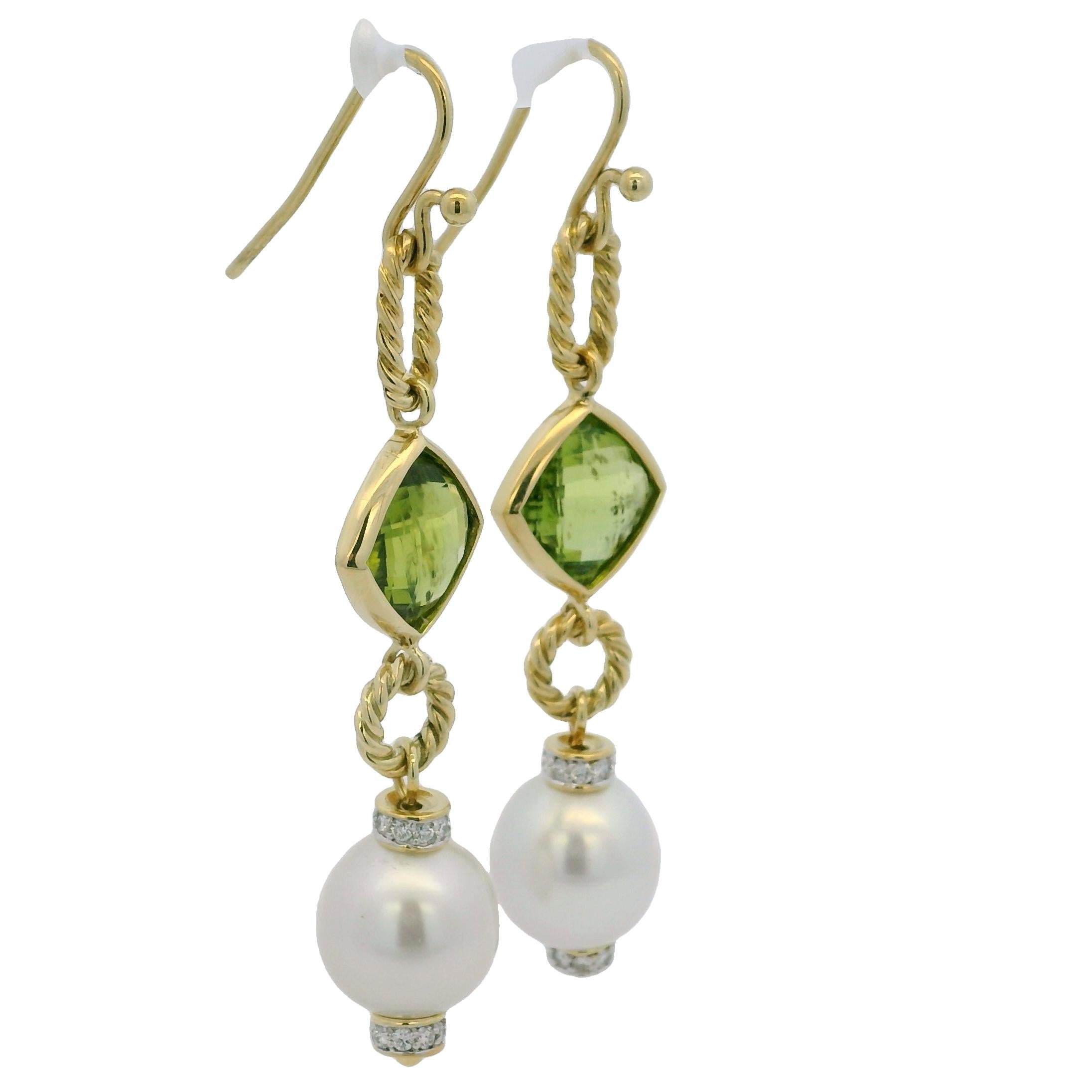 Round Cut David Yurman Peridot, Pearl & Natural Diamond 18-Karat Drop Earrings In Stock For Sale