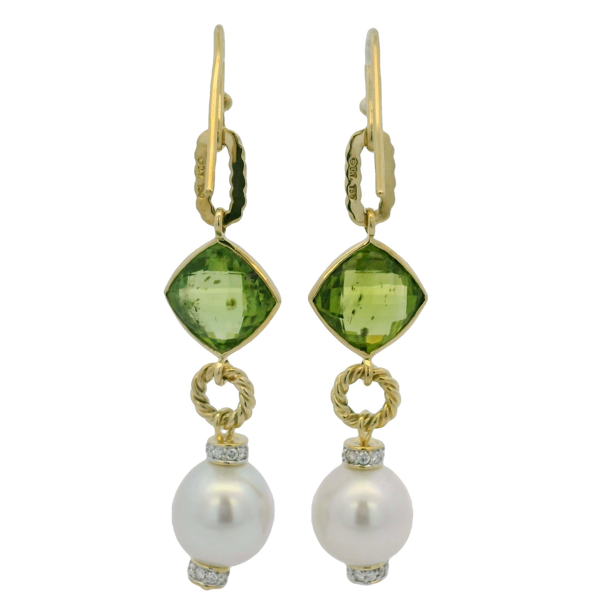 David Yurman Peridot, Pearl & Natural Diamond 18-Karat Drop Earrings In Stock In Excellent Condition For Sale In Boca Raton, FL