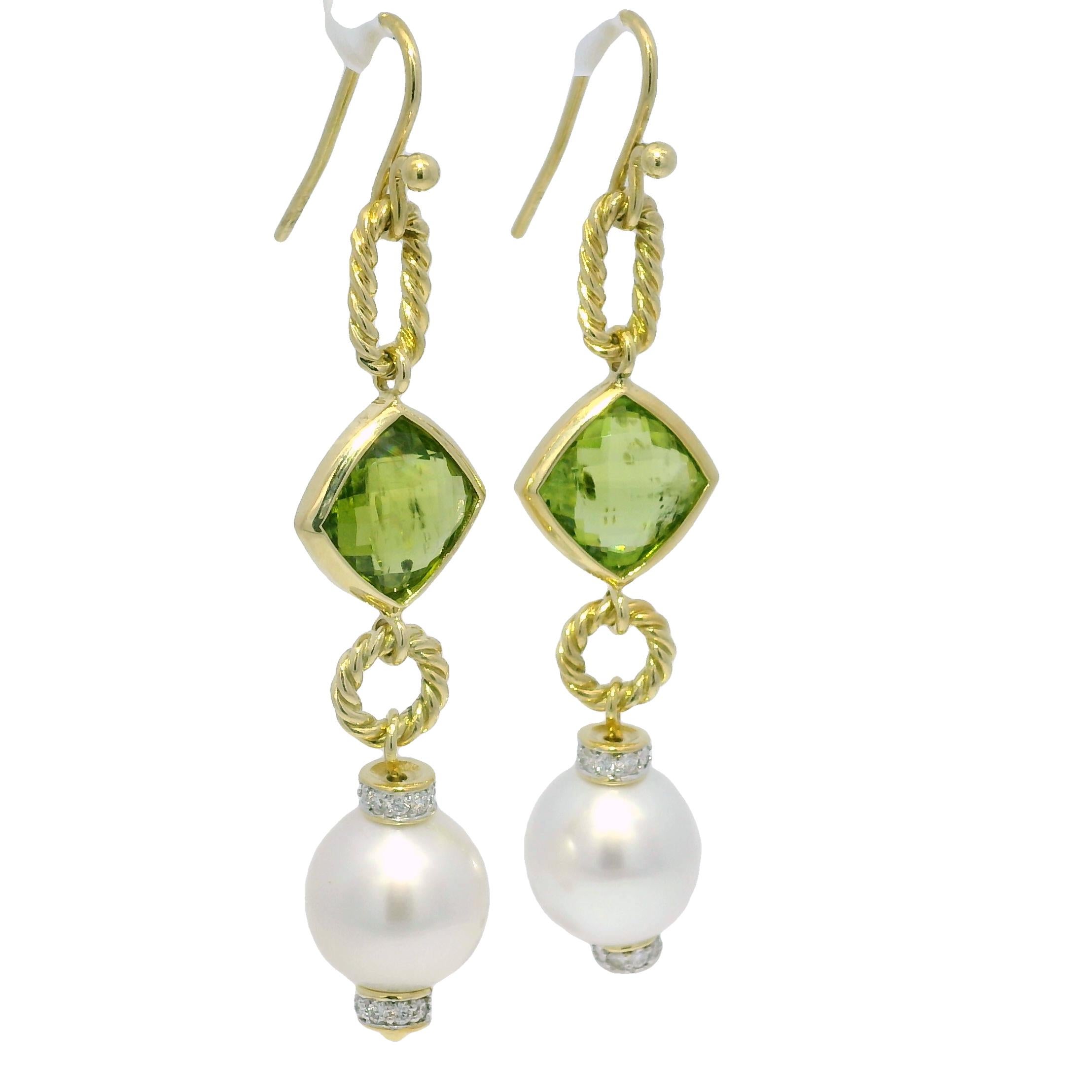 David Yurman Peridot, Pearl & Natural Diamond 18-Karat Drop Earrings In Stock For Sale 1