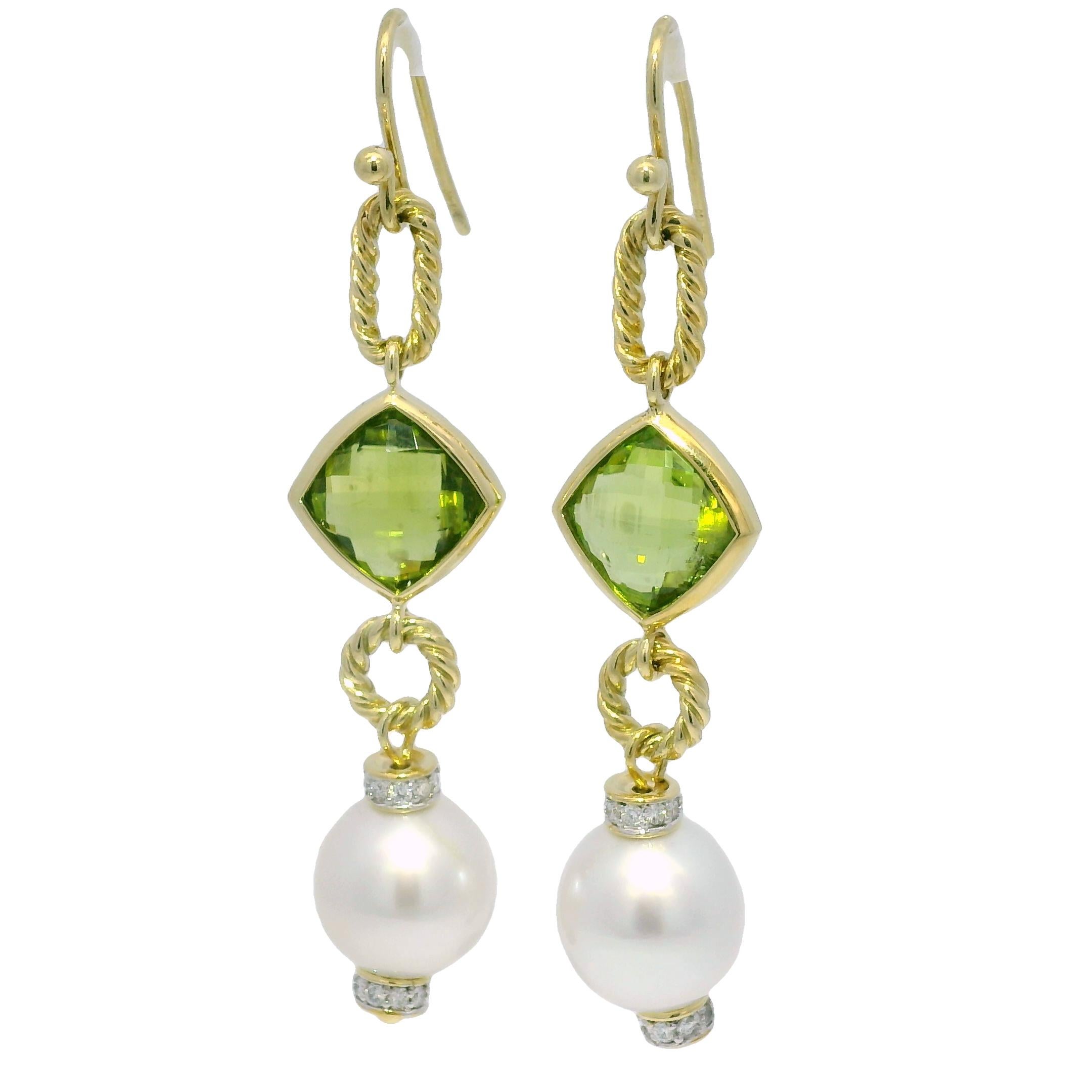David Yurman Peridot, Pearl & Natural Diamond 18-Karat Drop Earrings In Stock For Sale 2