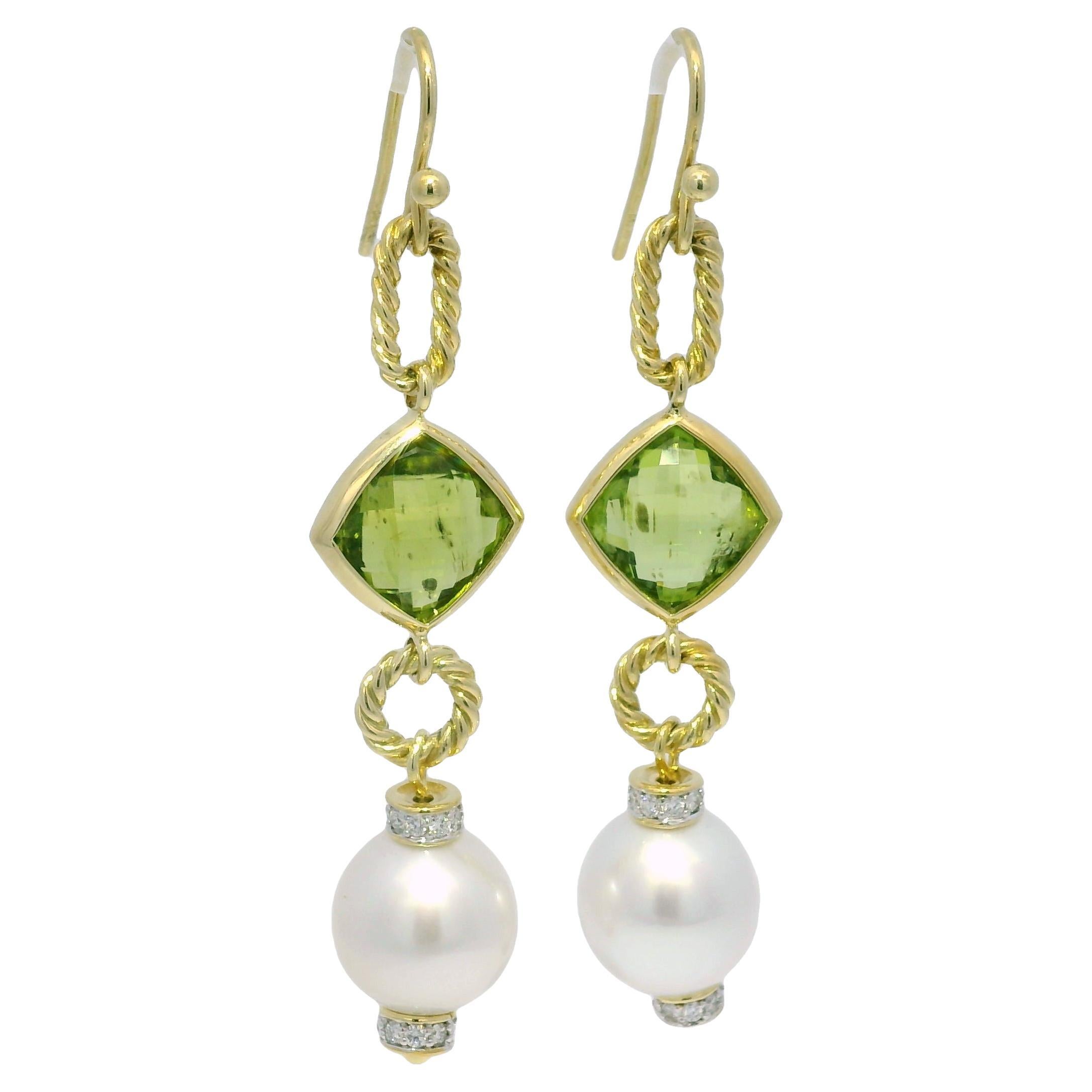 David Yurman Peridot, Pearl & Natural Diamond 18-Karat Drop Earrings In Stock