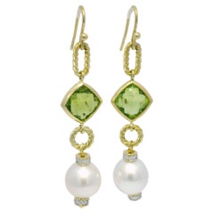 David Yurman Peridot, Pearl & Natural Diamond 18-Karat Drop Earrings In Stock