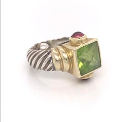 David Yurman Peridot Pink Tourmaline Yellow Gold and Sterling Silver Ring