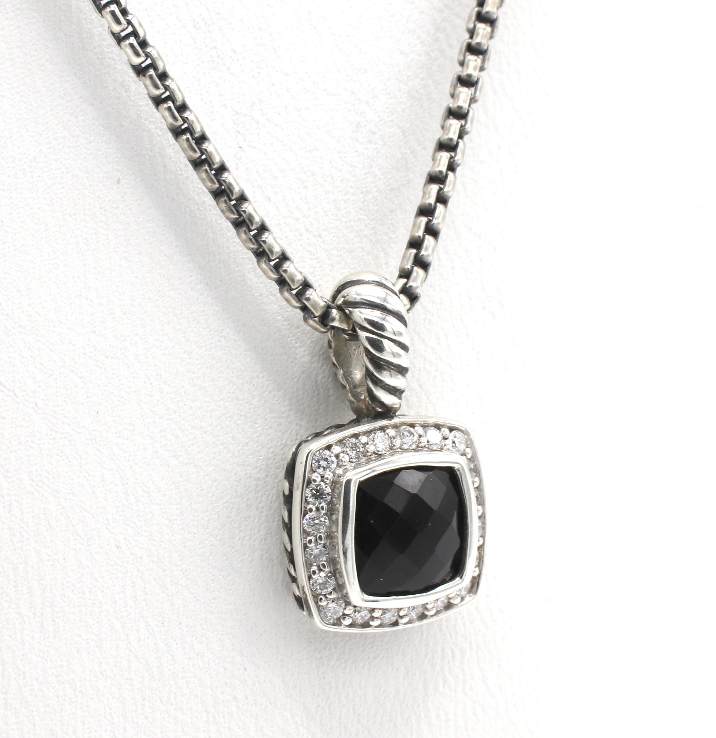 David Yurman Petite Albion Black Onyx & Diamond Pendant Necklace Sterling Silver
Metal: Sterling silver
Weight: 9.53 grams
Pendant: 11.5 x 11.5mm
Onyx: 7 x 7mm
Diamonds: 0.17 CTW G VS  round brilliant diamonds
Chain: 17 inch, adjustable to 16