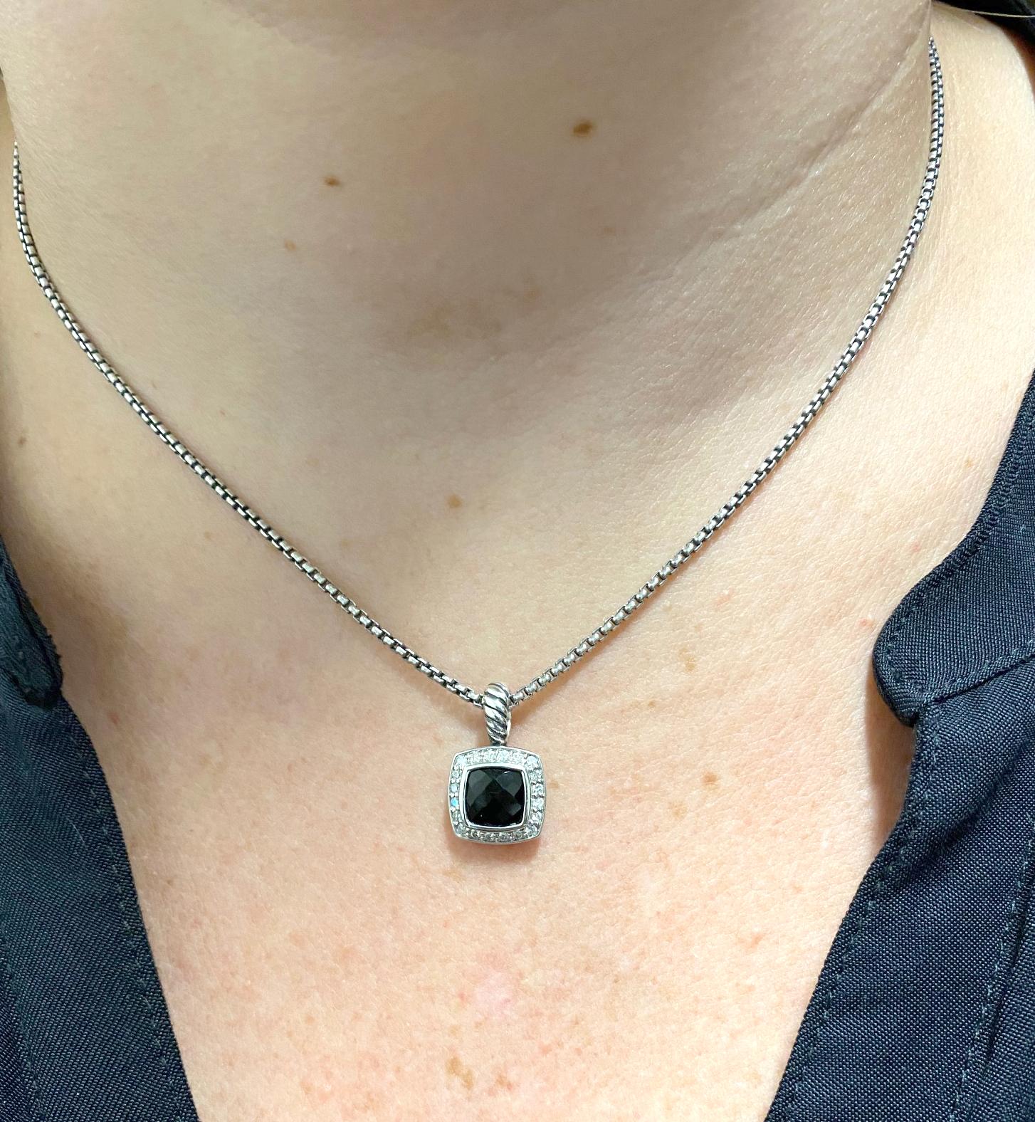 Modern David Yurman Petite Albion Black Onyx & Diamond Pendant Necklace Sterling Silver