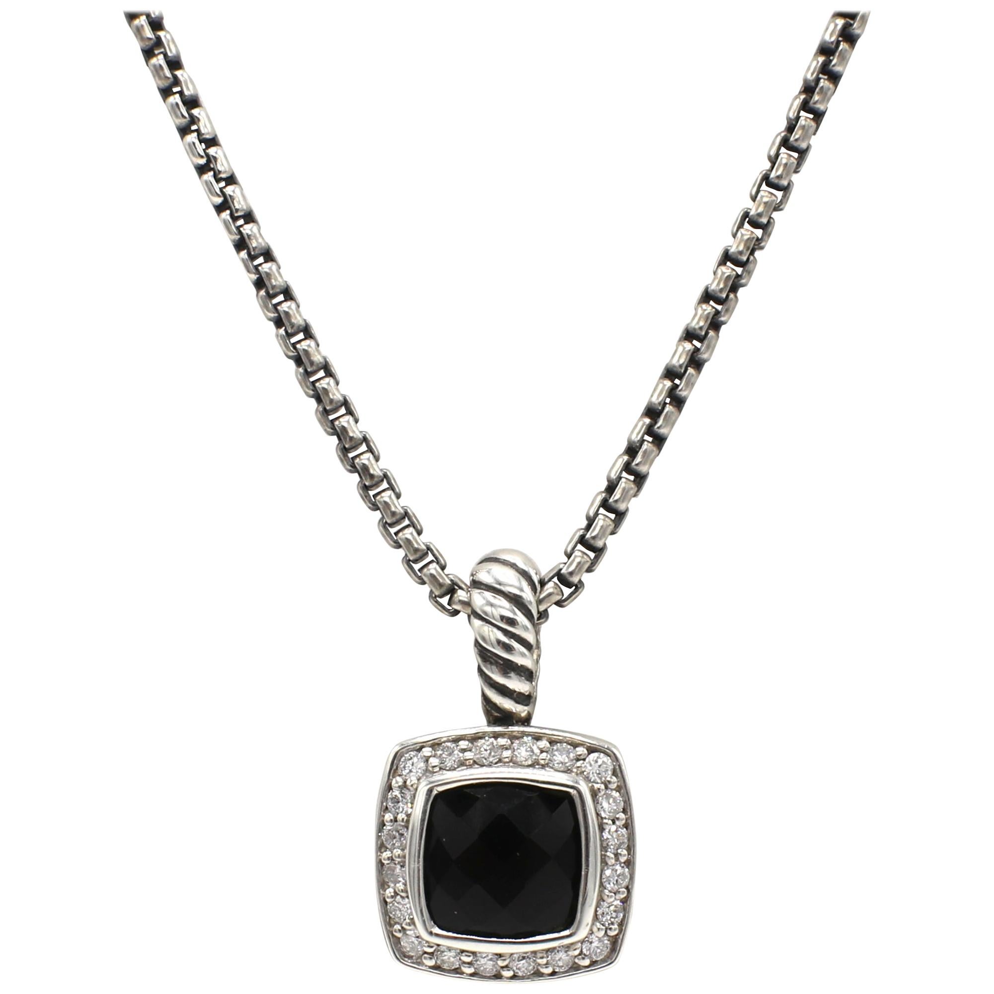 David Yurman Petite Albion Black Onyx & Diamond Pendant Necklace Sterling Silver