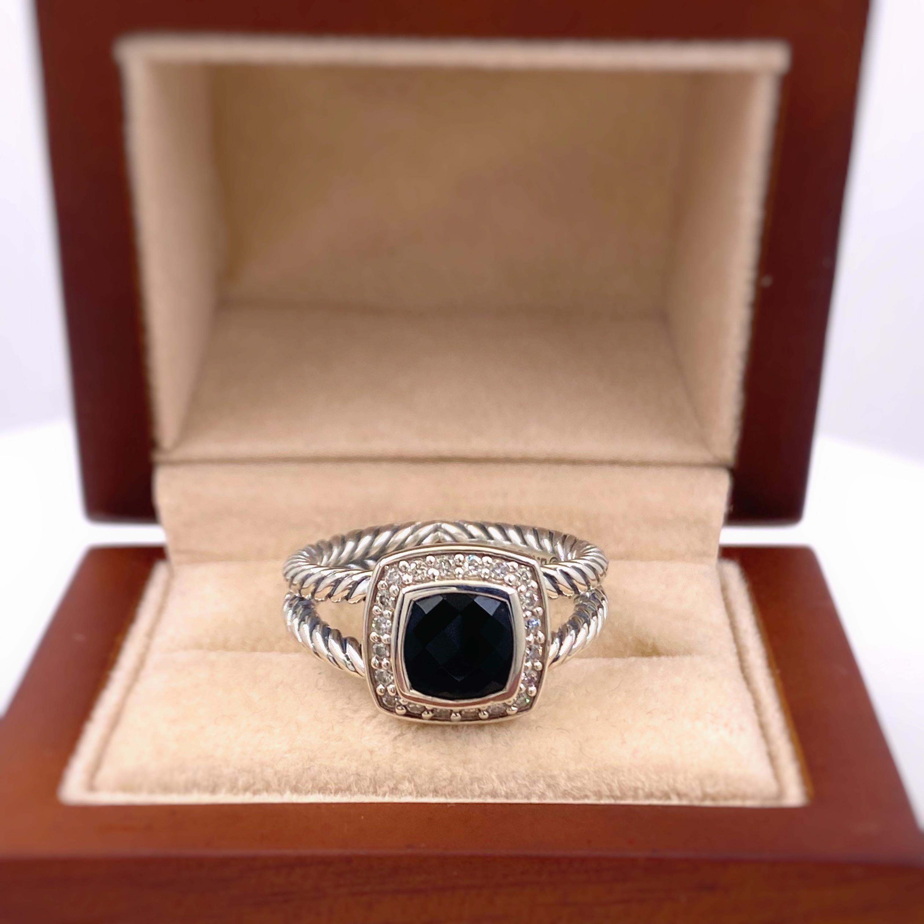 David Yurman Petite Albion Black Onyx with Diamonds 7 MM Ring In Excellent Condition In San Diego, CA