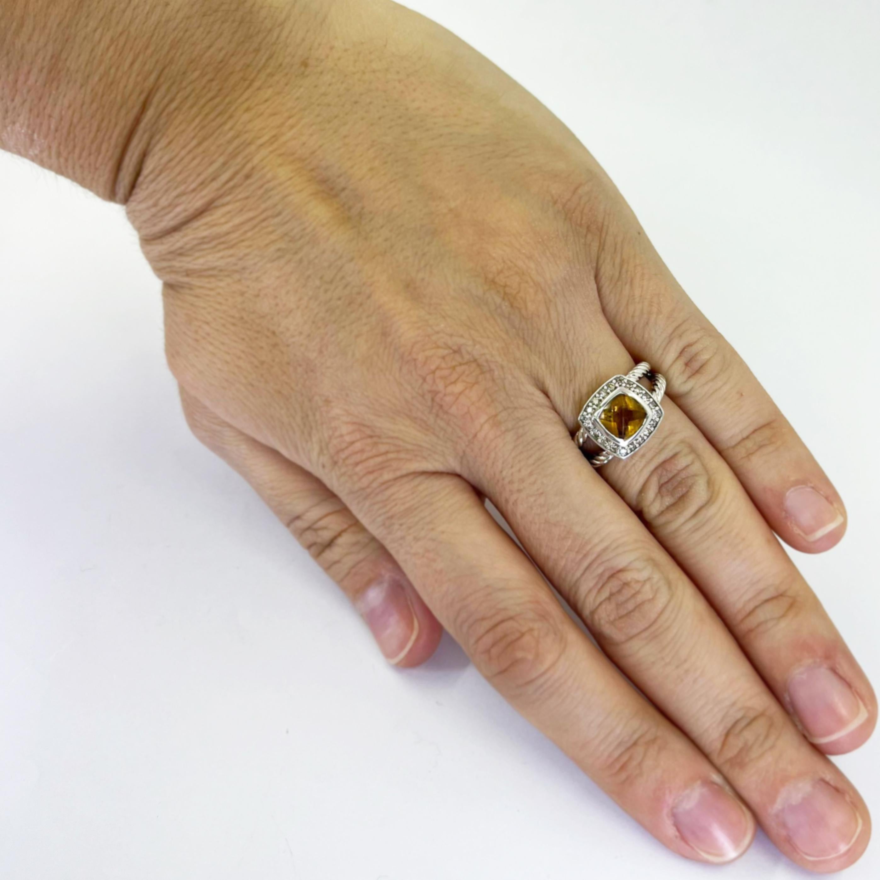 David Yurman sterling silver Petite Albion ring featuring a cushion cut citrine surrounded by diamonds. Finger size 6. $725 MSRP.