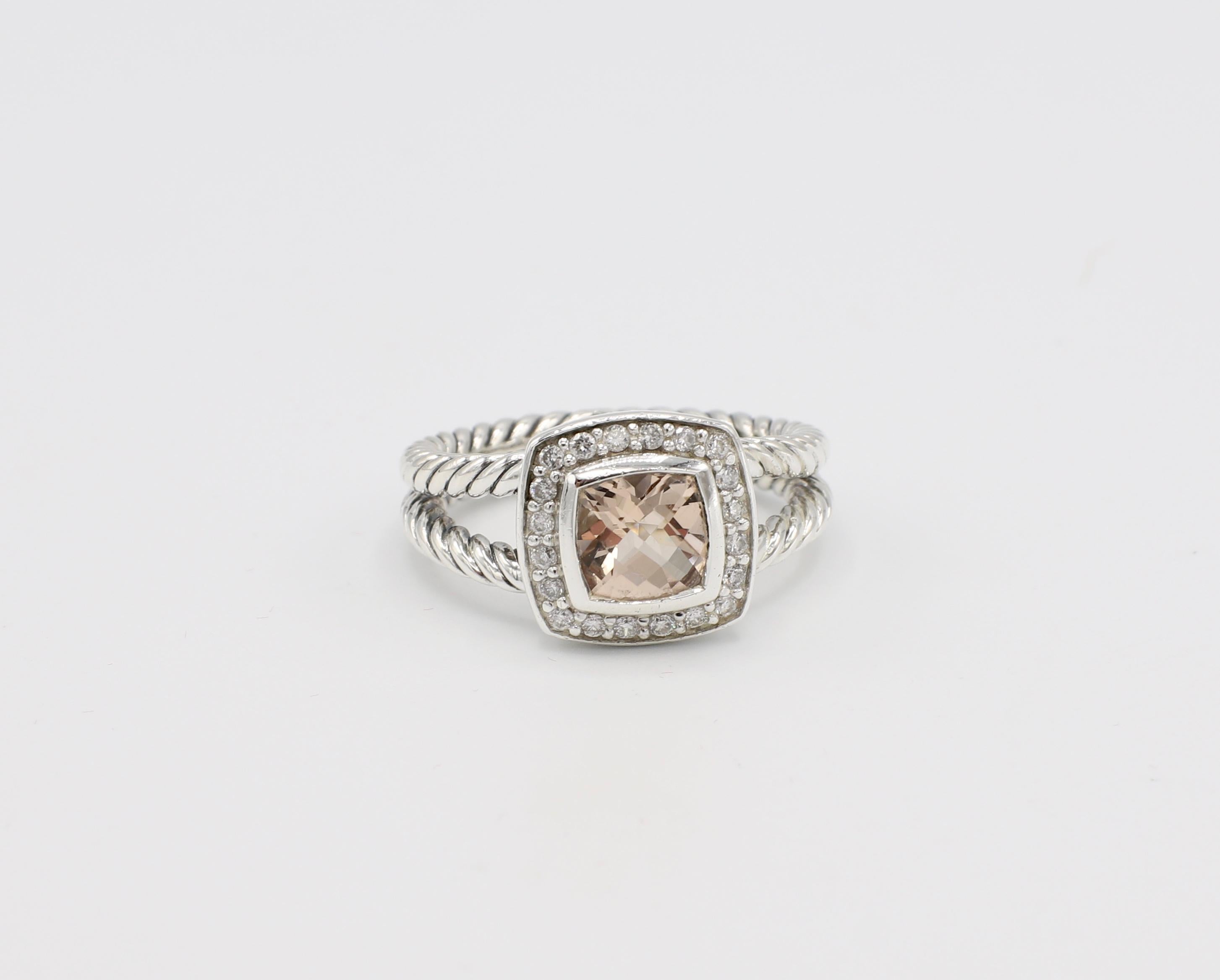 David Yurman Petite Albion Morganite & Diamond Ring Sterling Silver Size 7

Metal: Sterling silver 
Weight: 5.81 grams
Gemstone: Morganite, 7mm x 7mm
Diamonds: 0.17 CTW G VS
Retail: $850
