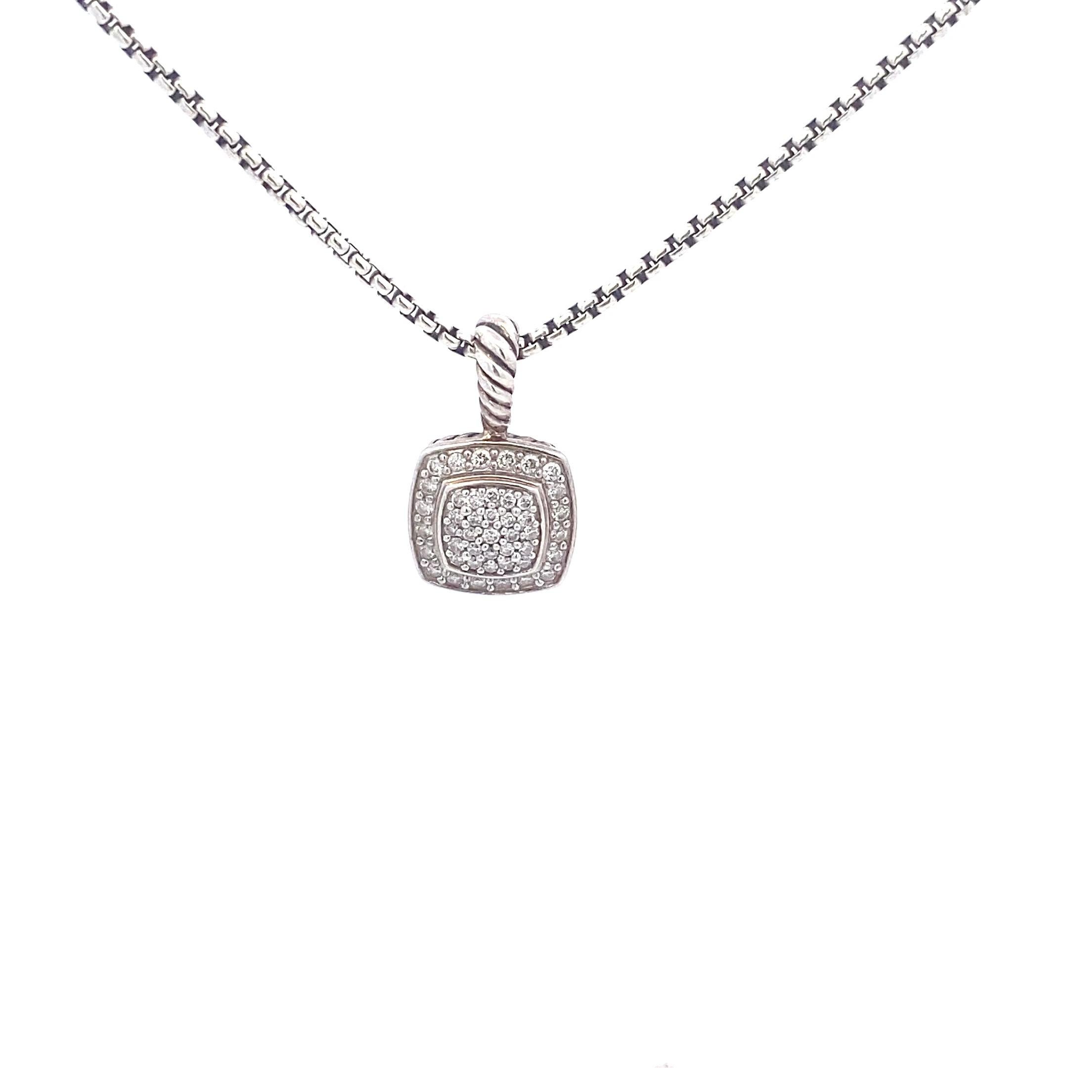 Introducing a gently-preowned classic David Yurman  Petite Albion® Pendant Necklace in Sterling Silver with Pavé Diamonds. Still available on the David Yurman website for MSRP $995, this modern design features 0.38 carat total weight of pave-set