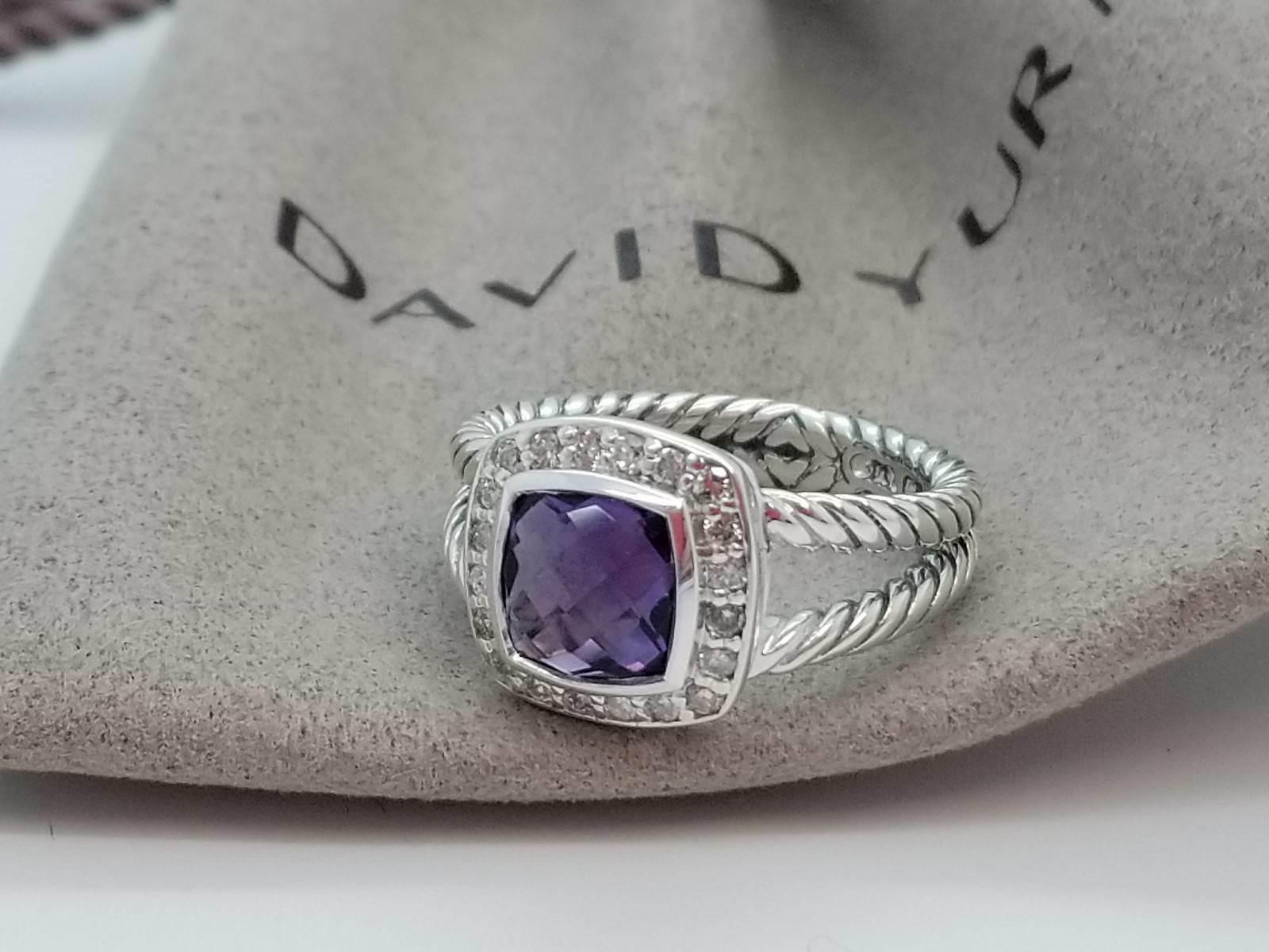 Brand David Yurman 
Type Ring
Condition never worn
Gender Women
Ring size 6
weight 7.5gr
Material Sterling silver
Topaz Amethyst
Topaz 8.1x8.3mm
Ring wide 12.5mm
Stones Diamond 
Diamond 17ct 
Comes with David Yurman  pouch