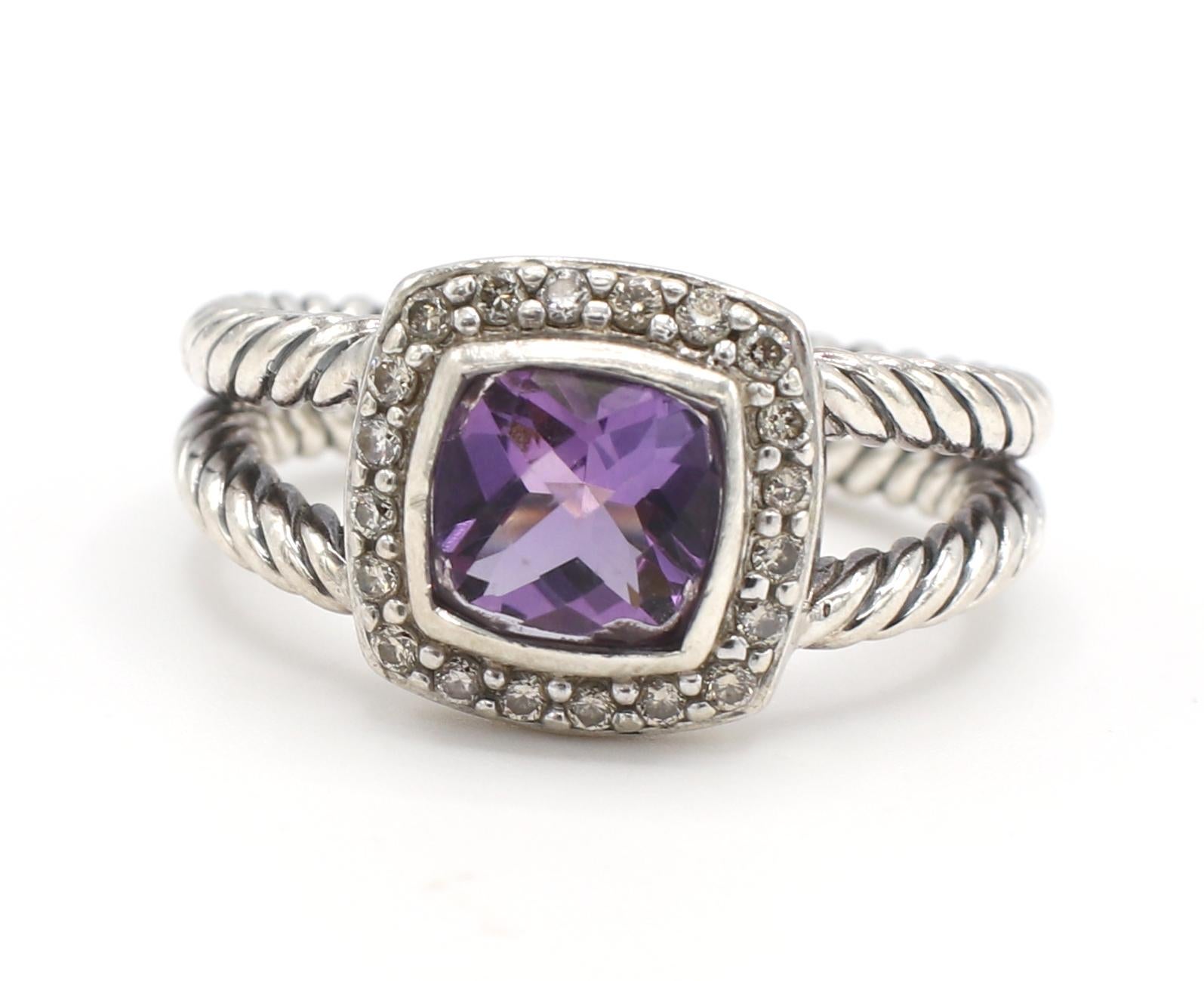 David Yurman Petite Albion® Ring with Amethyst and Pavé Natural Diamonds Sterling Silver
Metal: Sterling silver
Weight: 6.04 grams
Diamonds: Approx. .17 CTW G-H VS round natural diamonds
Amethyst: 7x7mm
Size: 7 (US)
Retail: $695