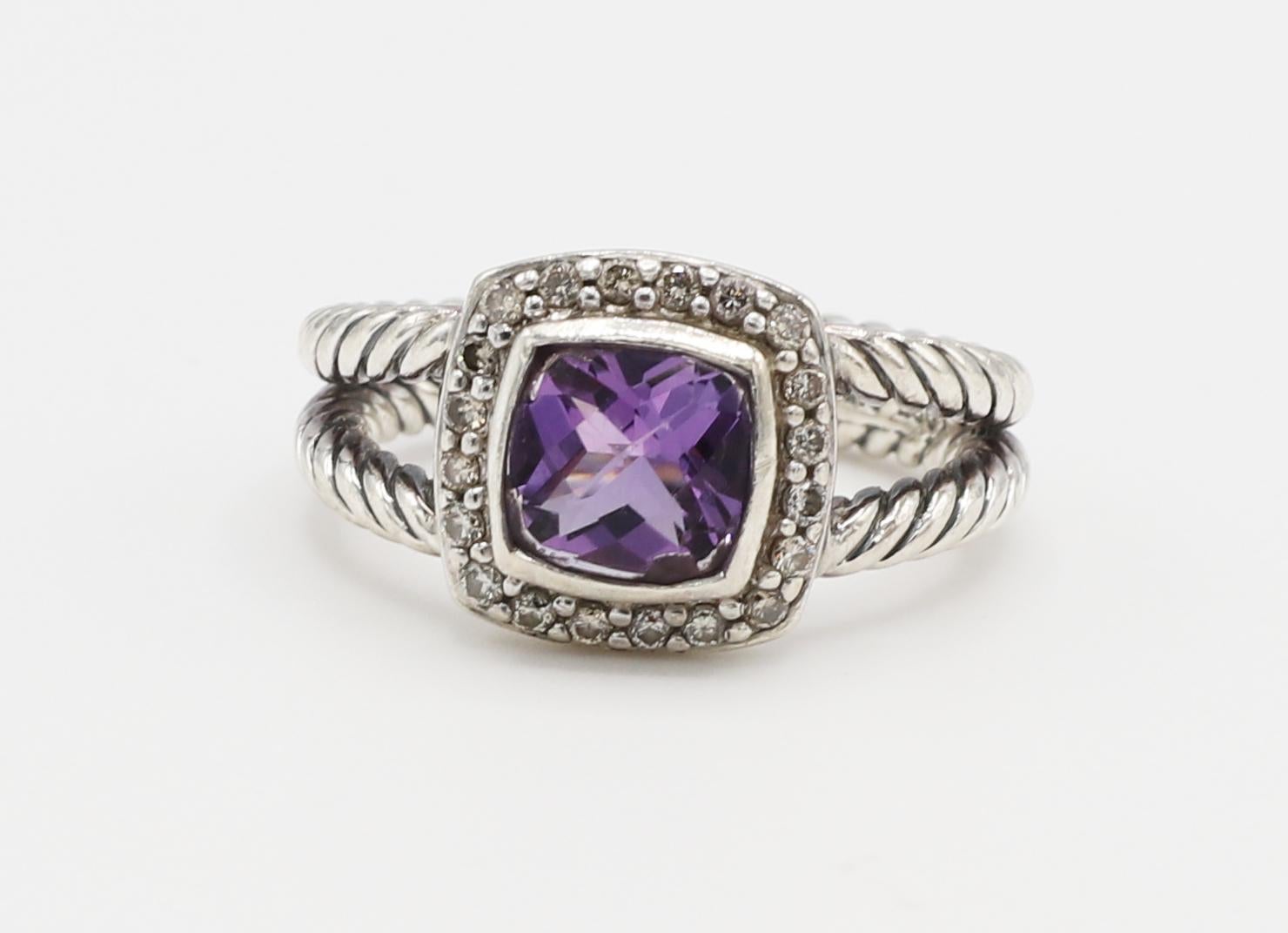 Square Cut David Yurman Petite Albion Ring with Amethyst and Pavé Diamonds Sterling Silver For Sale