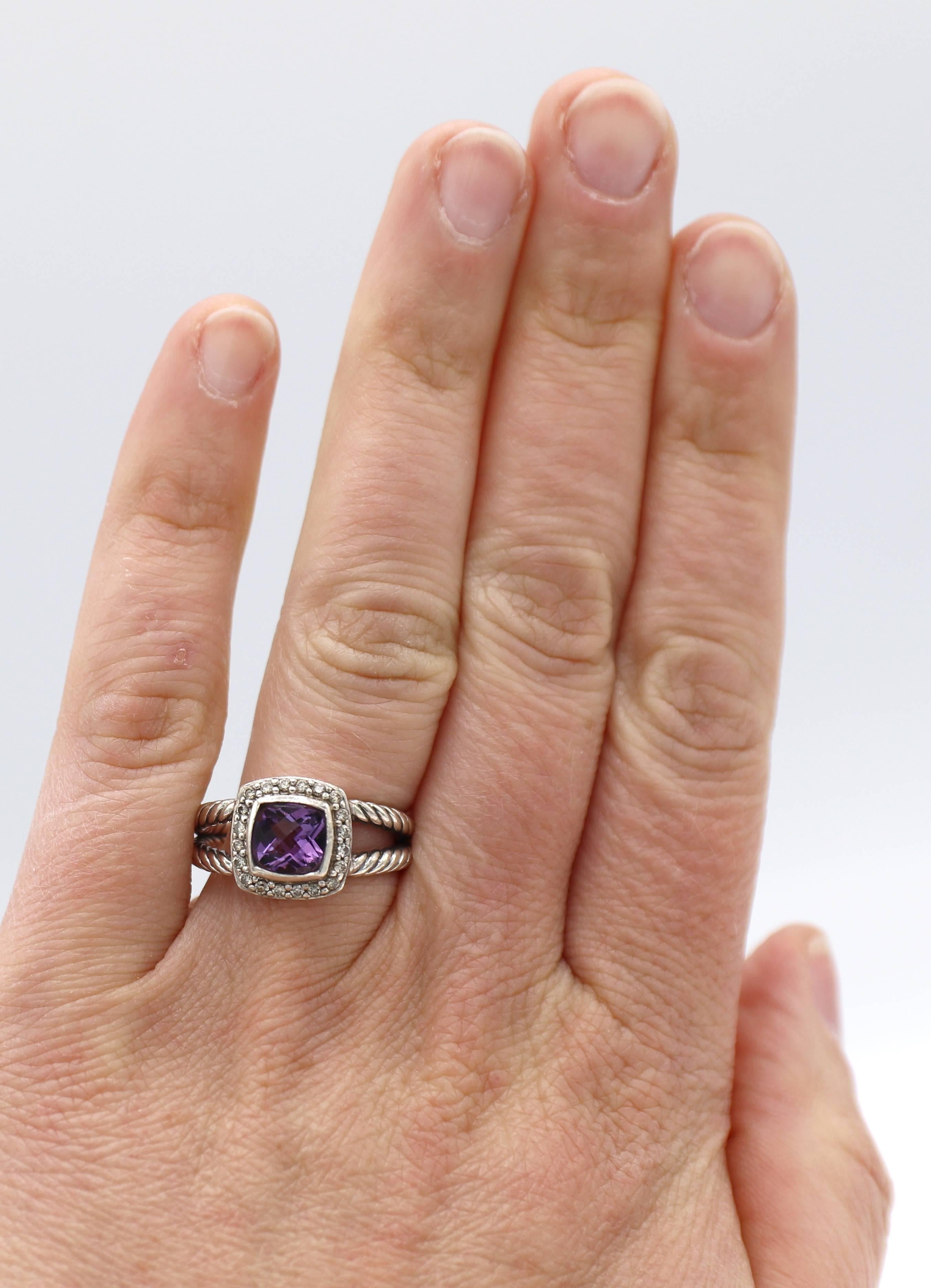 David Yurman Petite Albion Ring with Amethyst and Pavé Diamonds Sterling Silver In Excellent Condition For Sale In  Baltimore, MD