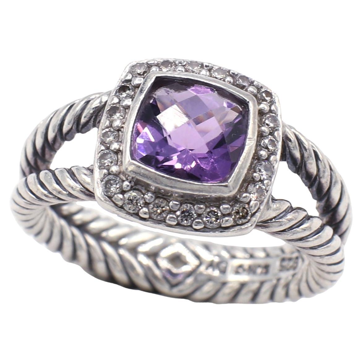 David Yurman Petite Albion Ring with Amethyst and Pavé Diamonds Sterling Silver For Sale