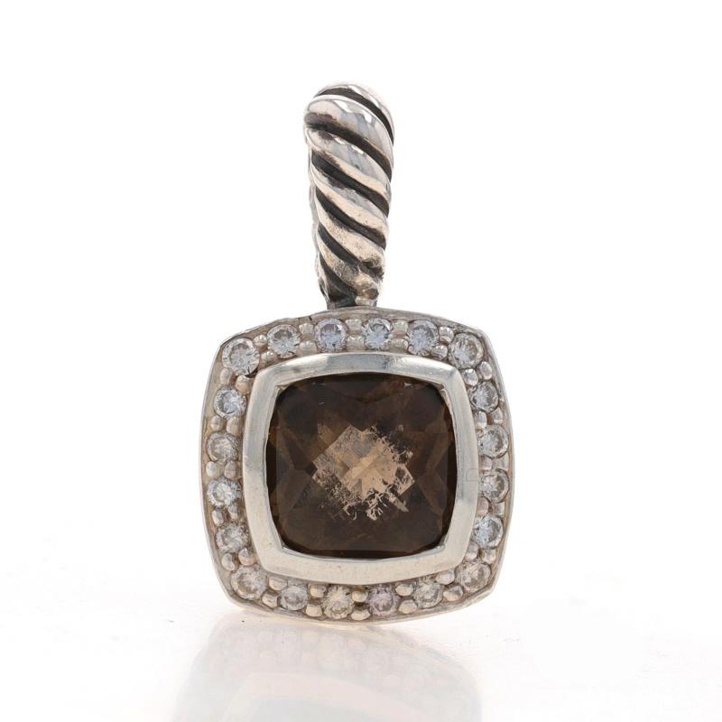 Brand: David Yurman
Collection: Petite Albion

Metal Content: Sterling Silver

Stone Information

Natural Smoky Quartz
Cut: Cushion Checkerboard
Color: Brown
Size: 7mm x 7mm

Natural Diamonds
Carat(s): .17ctw
Cut: Round Brilliant

Total Carats: