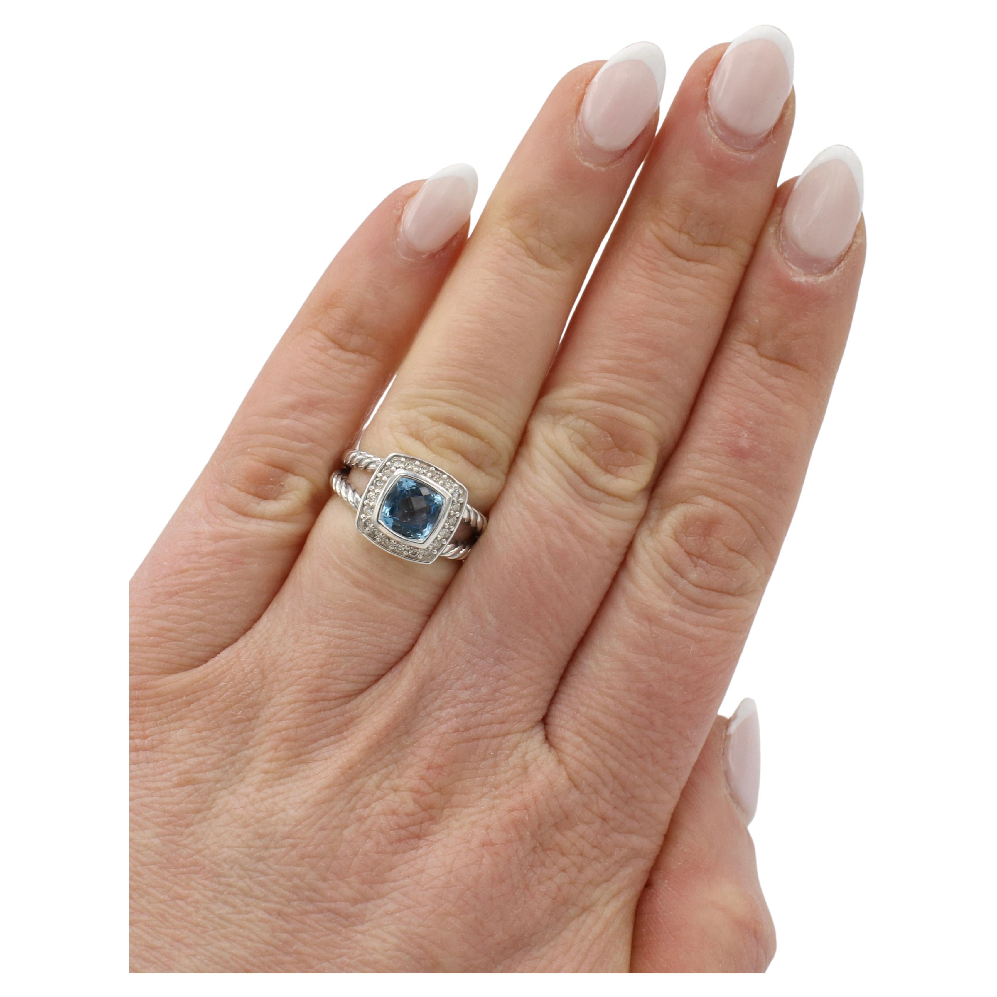 David Yurman Petite Albion Sterling Silver Blue Topaz & Natural Diamond Ring, 7mm
Metal: Sterling silver 925
Weight: 5.67 grams
Diamonds: Pavé-set natural diamonds, 0.17 total carat weight G VS
Topaz: 7mm
Size: 5 (US)
Retail: $725 USD