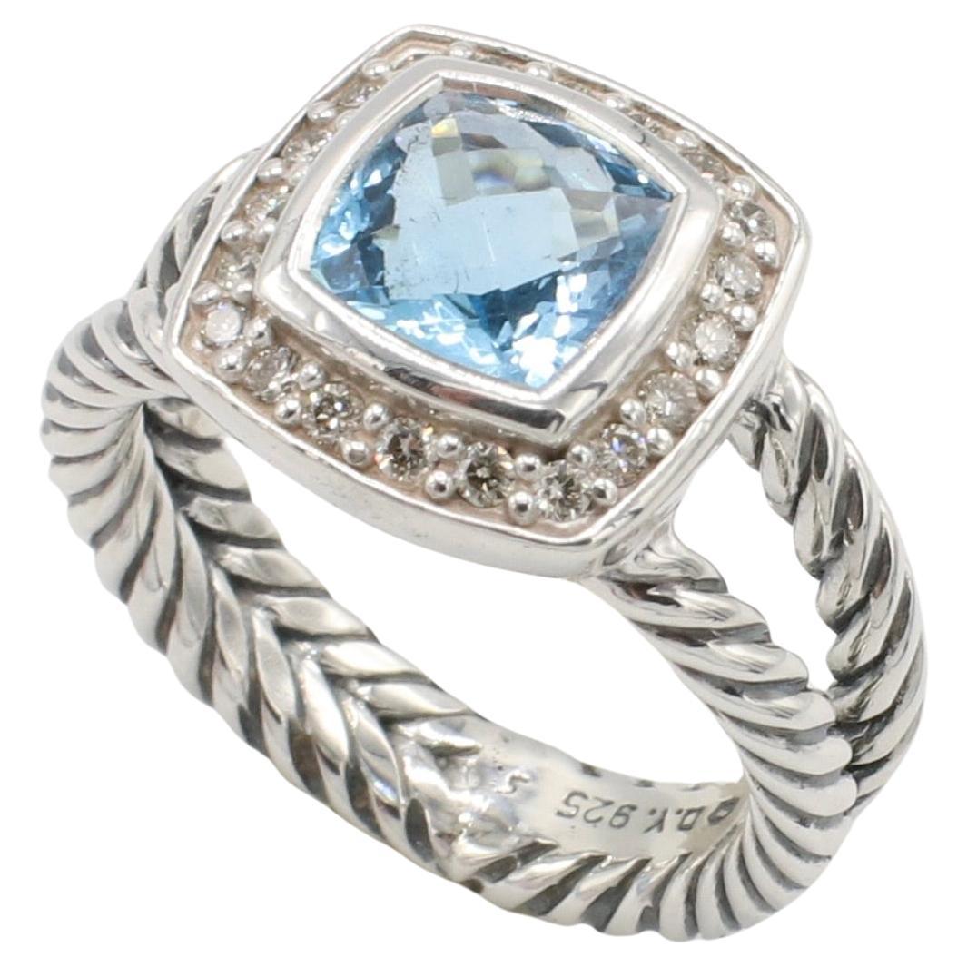 Modern David Yurman Petite Albion Sterling Silver Blue Topaz & Natural Diamond Ring  For Sale