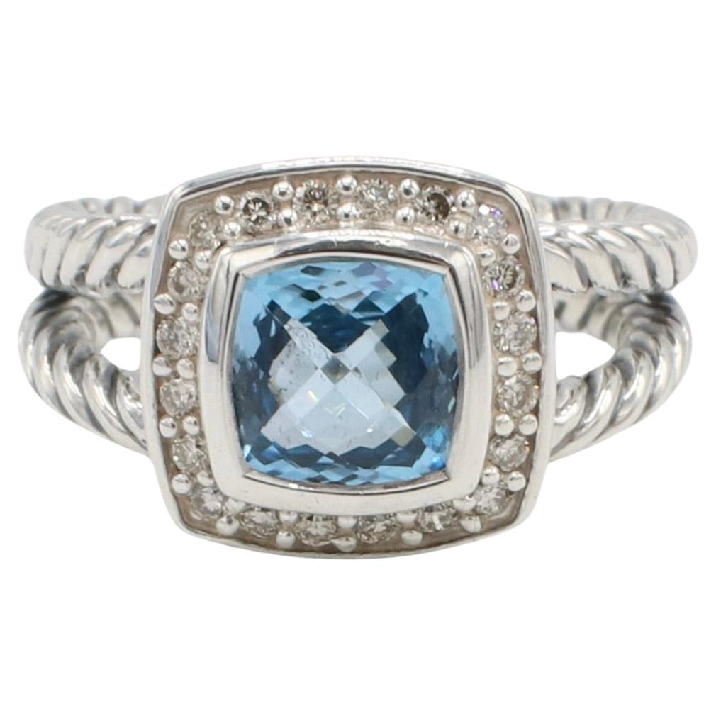 David Yurman Petite Albion Sterling Silver Blue Topaz & Natural Diamond Ring 
