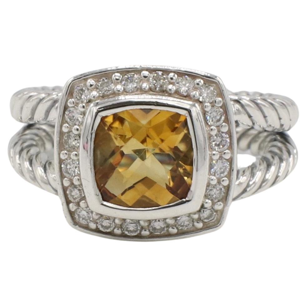 David Yurman Petite Albion Sterling Silver Citrine & Natural Diamond Ring 
Metal: Sterling silver 925
Weight: 5.50 grams
Citrine: 7mm
Diamonds: Approx. .17 CTW F-G VS natural round diamonds
Size: 4.5 (US)
Top: 11mm
Retail: $725 USD

