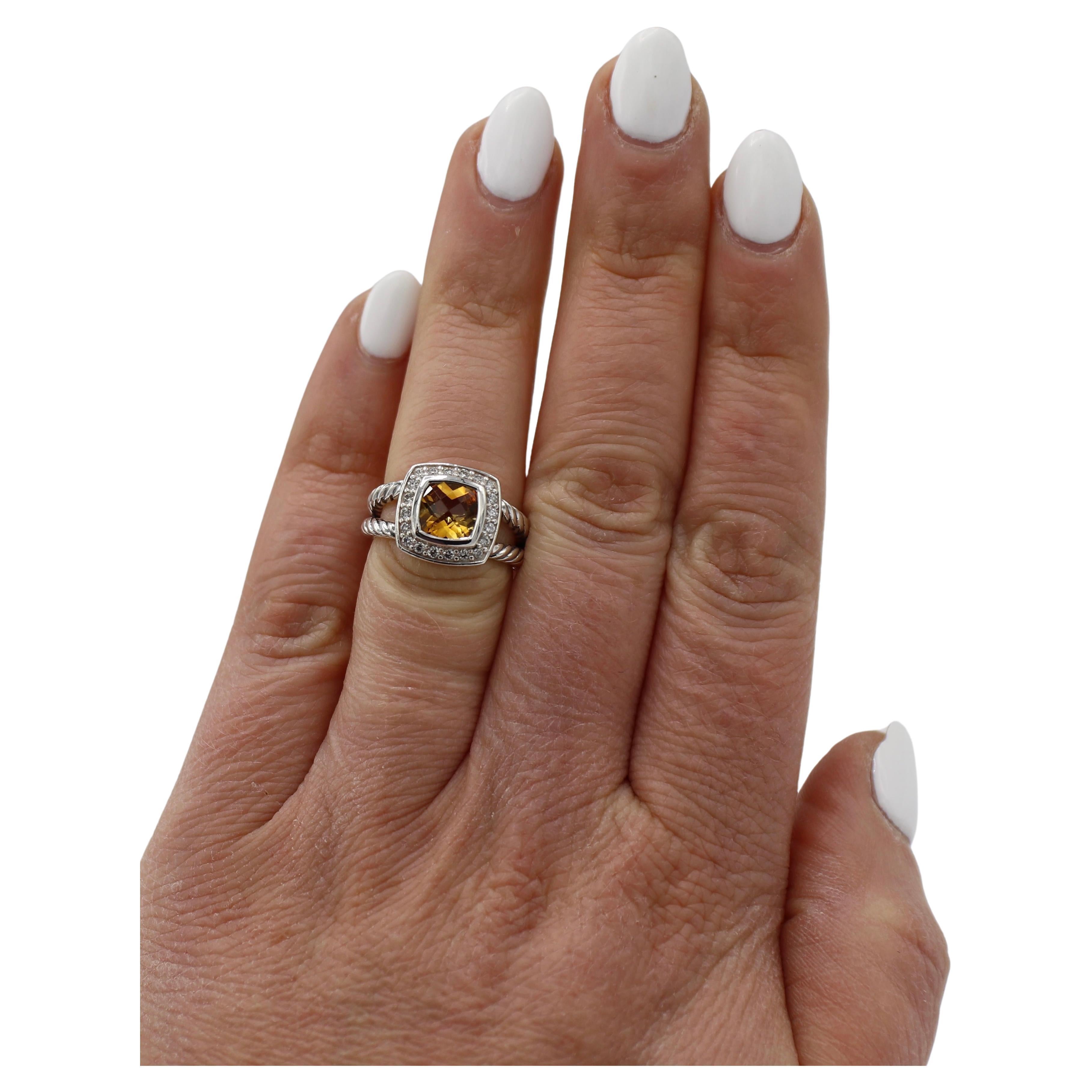 David Yurman Petite Albion Sterling Silver Citrine & Natural Diamond Ring In Excellent Condition In  Baltimore, MD