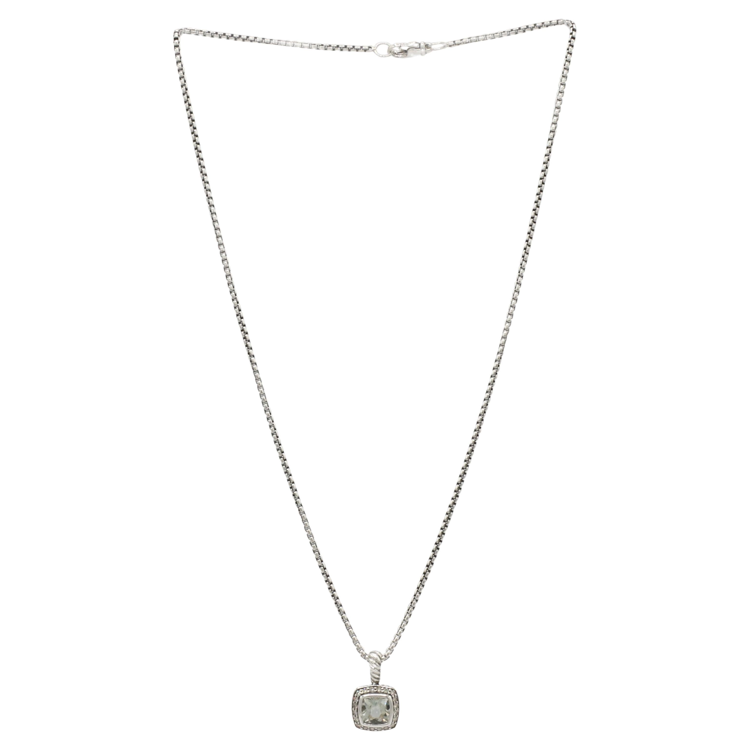David Yurman Petite Albion Sterling Silver Prasiolite Natural Diamond Pendant Necklace
Metal: Sterling silver 925
Weight: 9.61 grams
Gemstone: Prasiolite, 7mm
Diamonds: Pavé-set natural diamonds, 0.17 total carat weight
Chain: 16 inches
Retail: $795