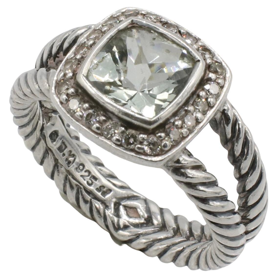 David Yurman Petite Albion Sterling Silver Prasiolite & Natural Diamond Ring 
Metal: Sterling silver
Weight: 5.5 grams
Gemstone: Prasiolite, 7mm
Diamonds: Pavé-set natural diamonds, 0.16 total carat weight
Size: 6.25 (US)
Retail: $725 USD
RNT