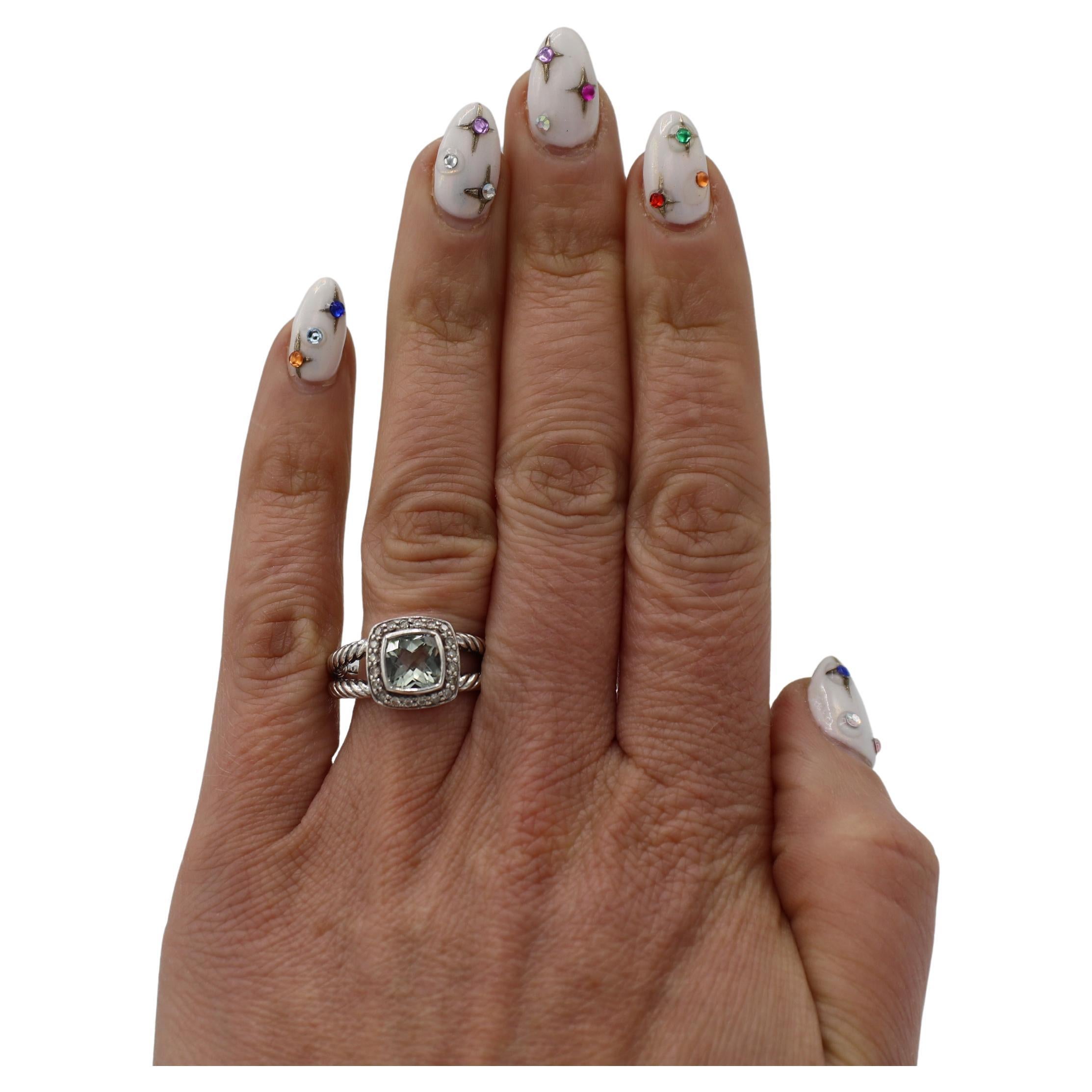 David Yurman Petite Albion Sterling Silver Prasiolite & Natural Diamond Ring In Excellent Condition For Sale In  Baltimore, MD