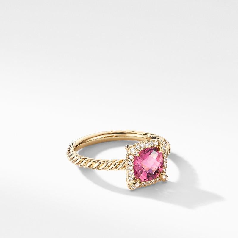 18-karat yellow gold.
Pink tourmaline set in white diamond pavé.
0.11 total diamond carat weight.
Approx. 0.3