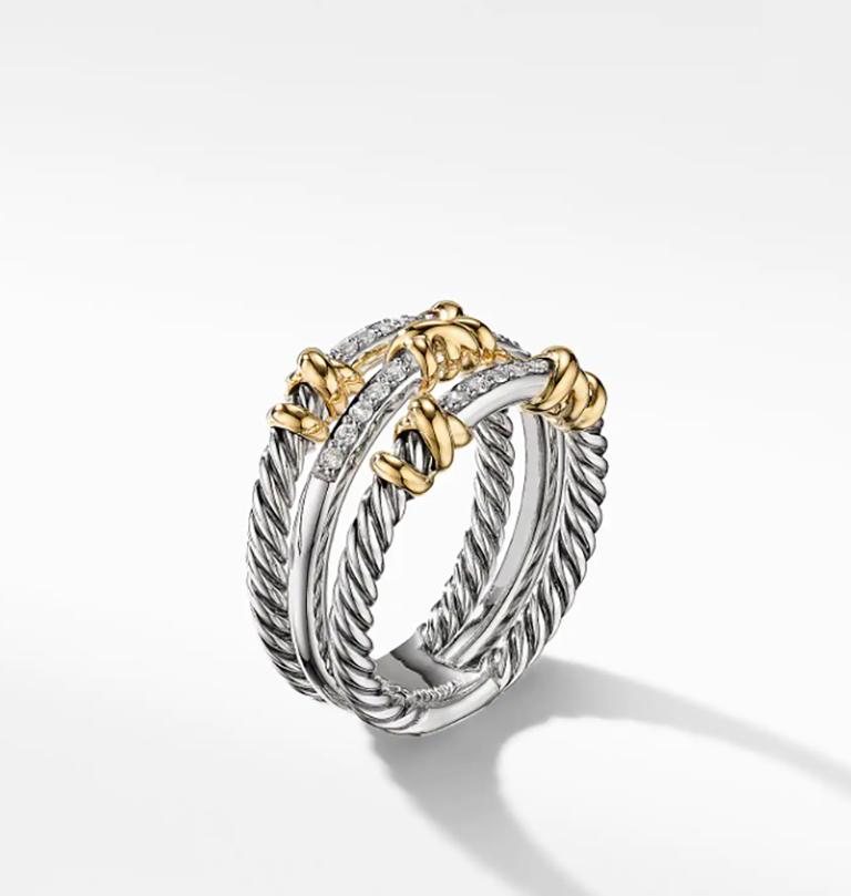 Sterling Silver with 18-karat Yellow Gold
Pavé Diamonds, 0.21 total carat weight
Ring, 12mm
Ring size: 6.5
Comes with David Yurman pouch
Retail: $1250