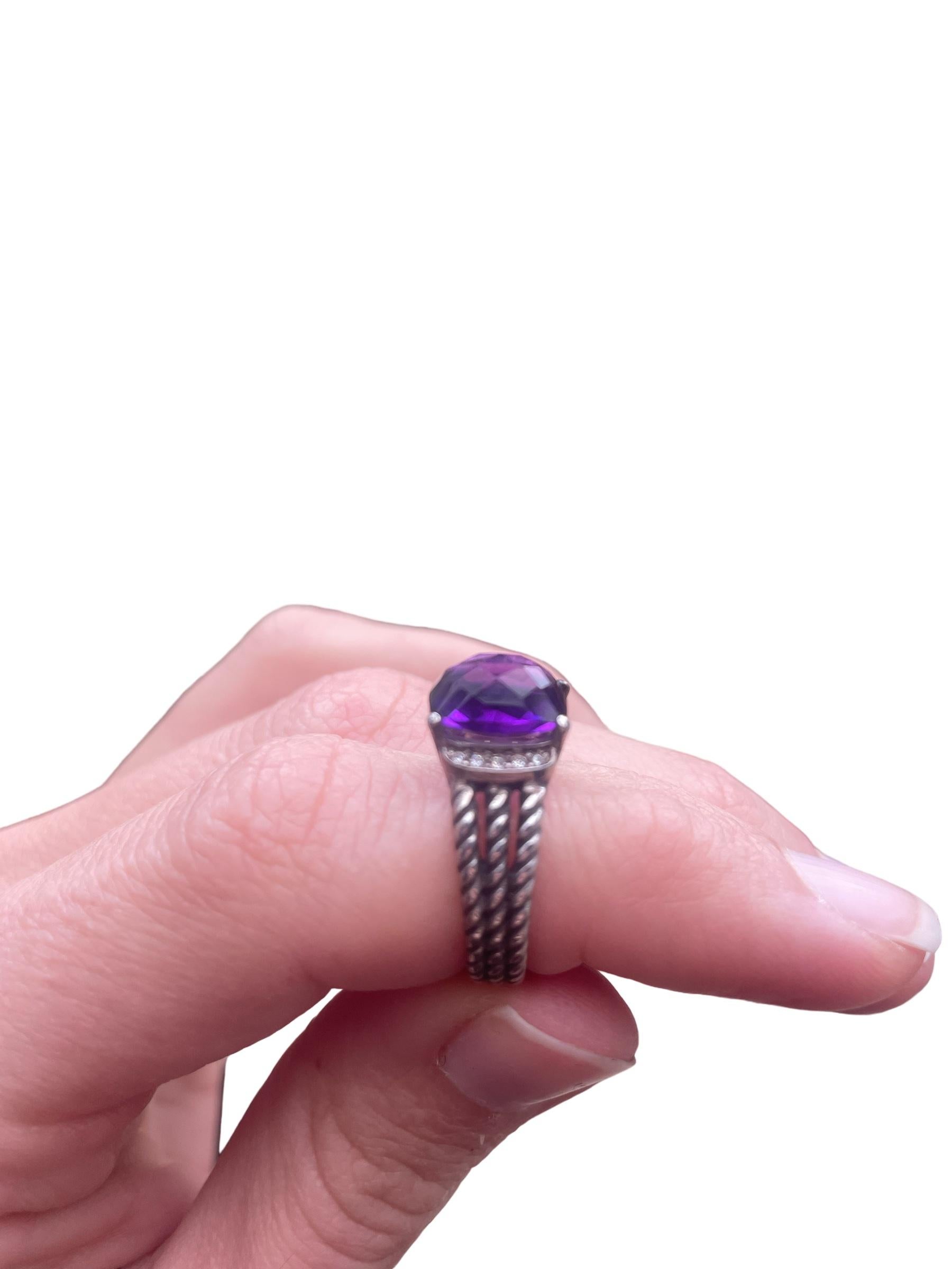Women's or Men's David Yurman Petite Wheaton Ring with Amethyst and Diamonds  For Sale