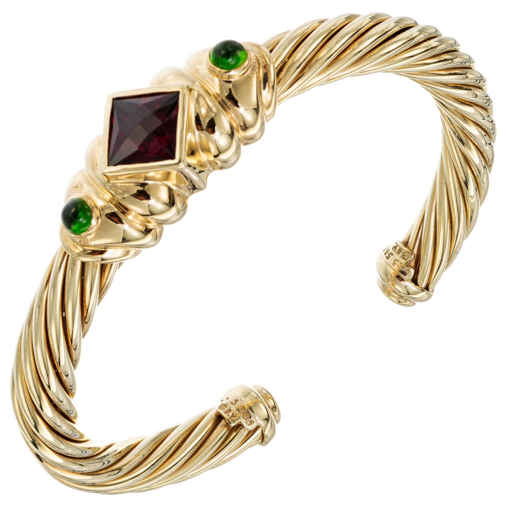 David Yurman Pink Green Tourmaline Yellow Gold Cuff Bracelet