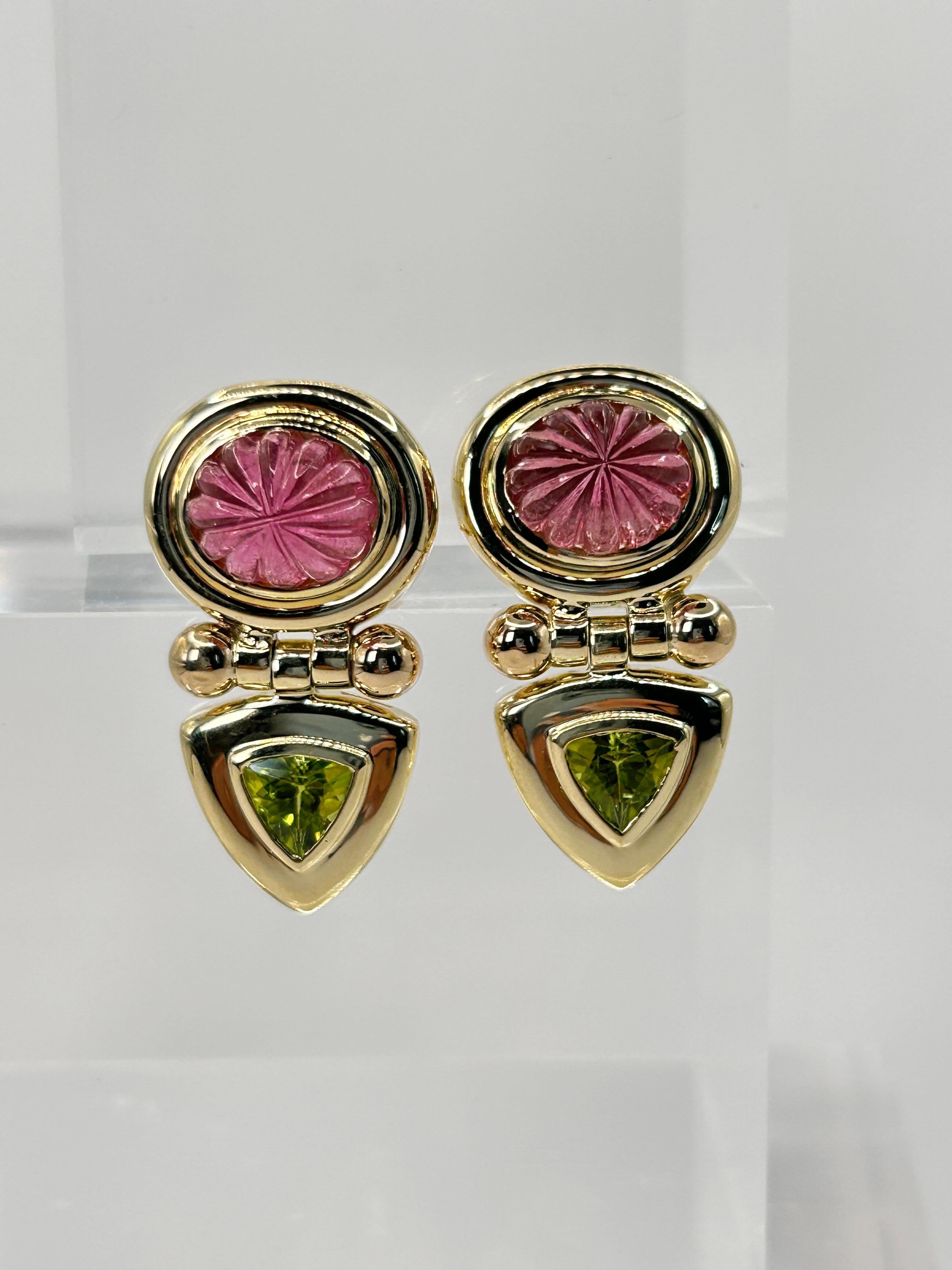 Cabochon David Yurman Pink Tourmaline and Peridot Earrings in 14 Karat Yellow Gold For Sale
